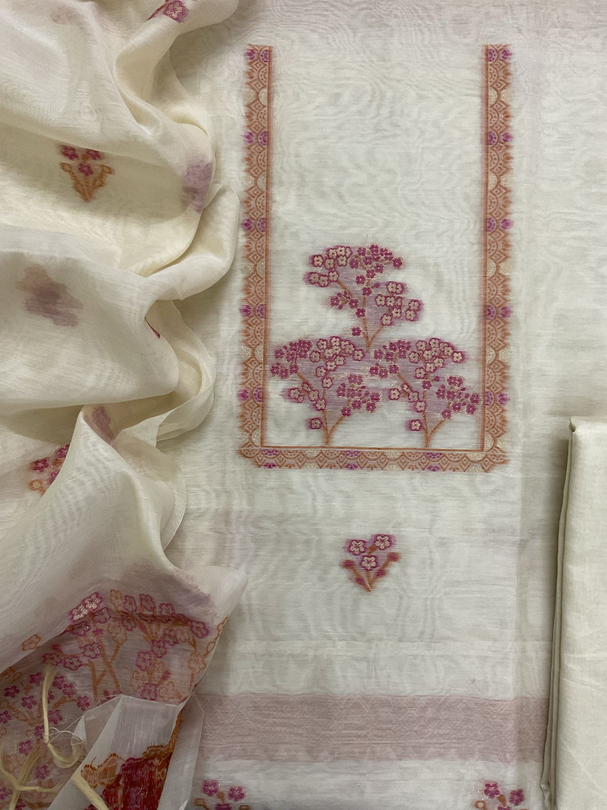 Soft Kora Chanderi Jamdani Weaved Suit - Offwhite