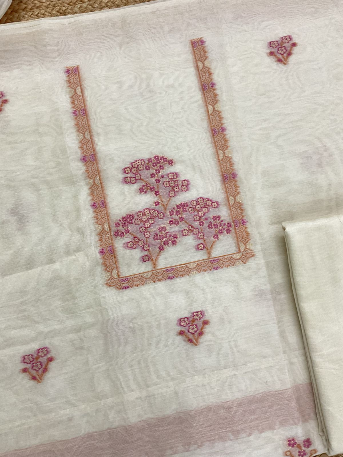 Soft Kora Chanderi Jamdani Weaved Suit - Offwhite