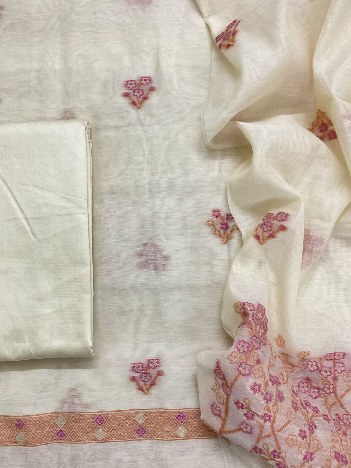 Soft Kora Chanderi Jamdani Weaved Suit - Offwhite