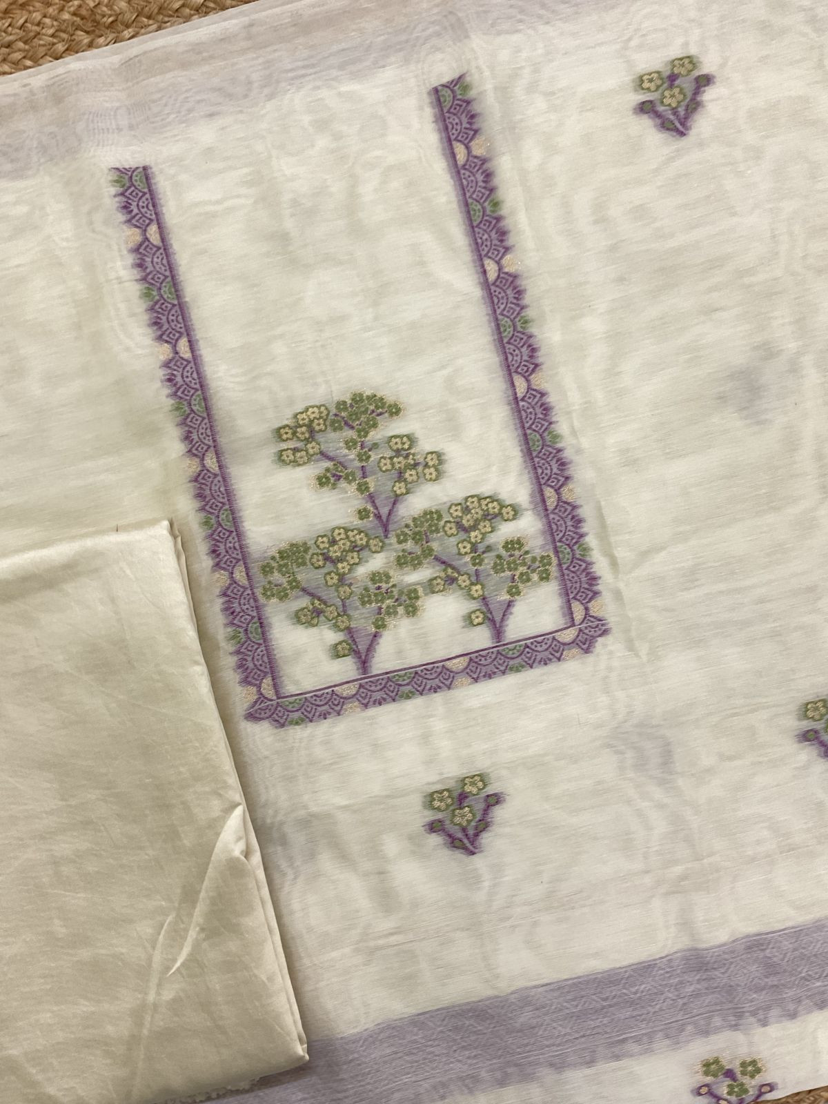 Soft Kora Chanderi Jamdani Weaved Suit - Offwhite