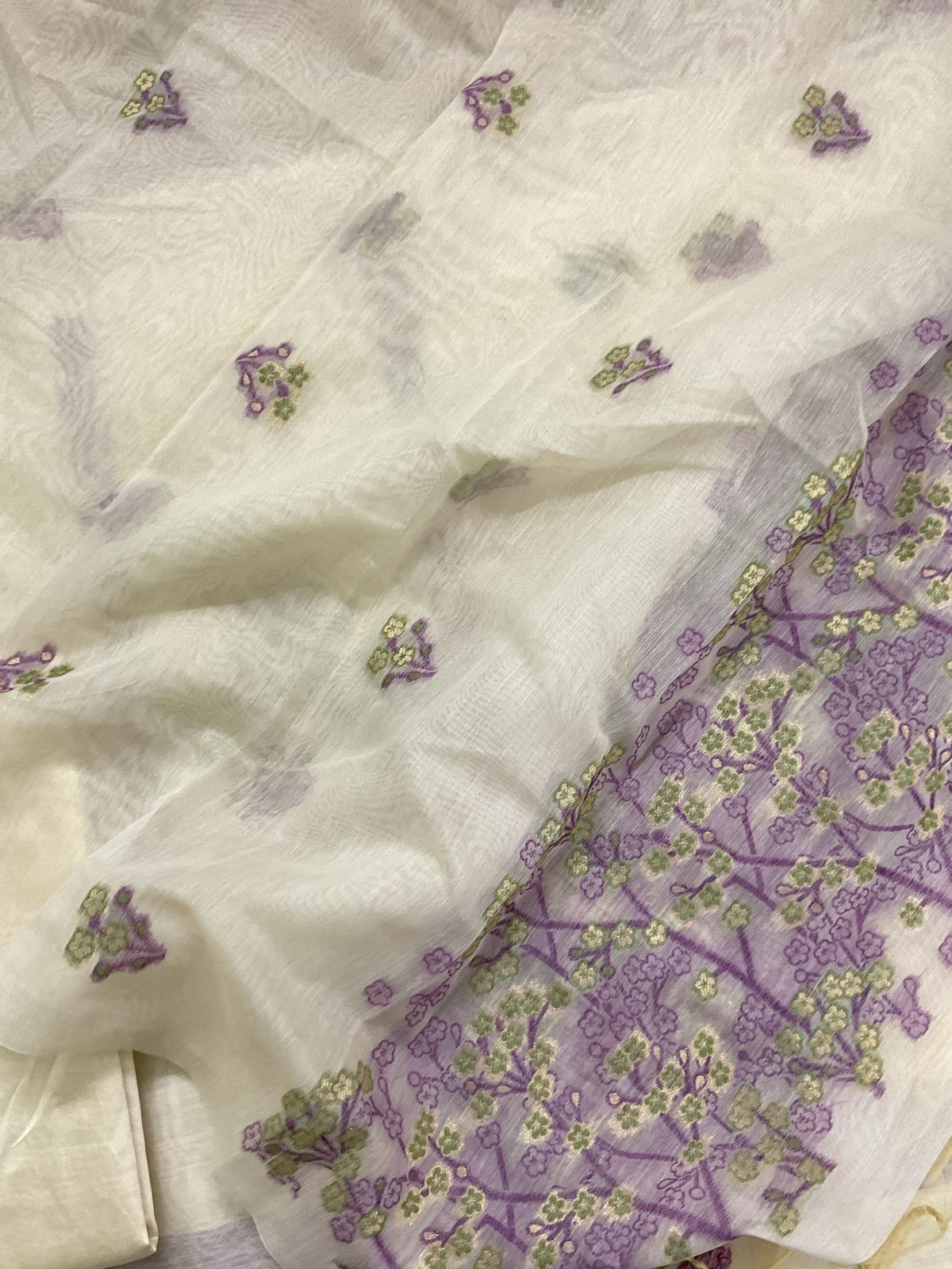 Soft Kora Chanderi Jamdani Weaved Suit - Offwhite