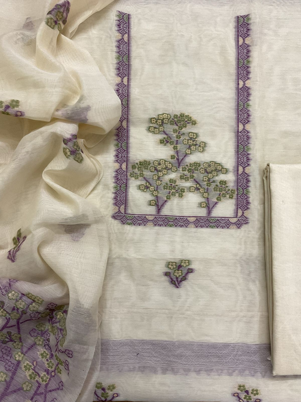 Soft Kora Chanderi Jamdani Weaved Suit - Offwhite