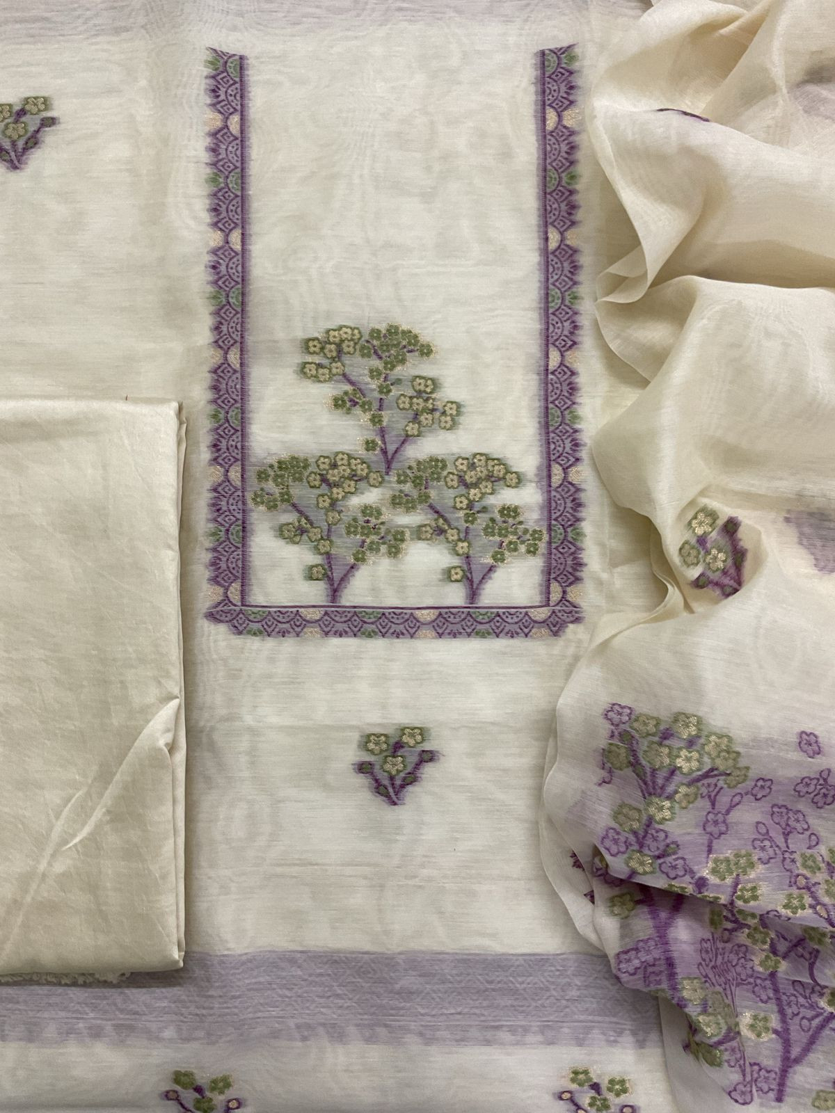 Soft Kora Chanderi Jamdani Weaved Suit - Offwhite