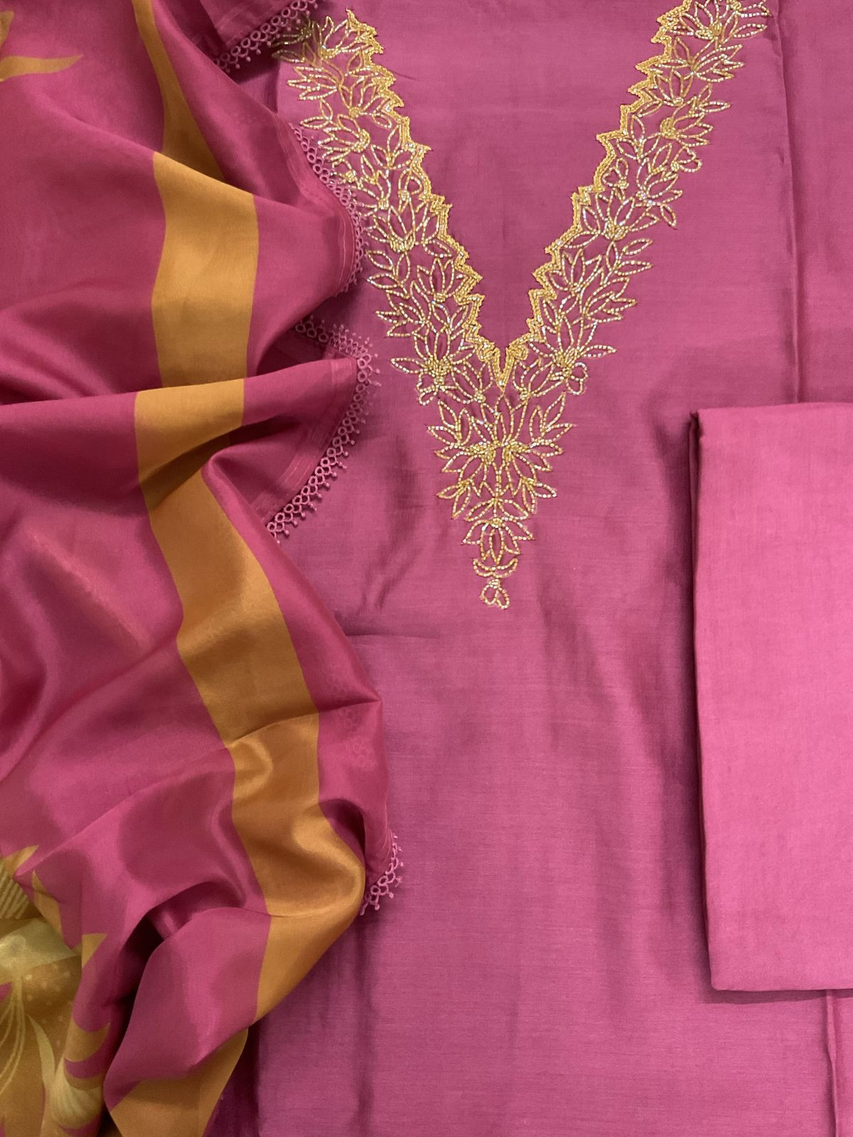 Pure Chanderi Printed Embroidered Suit - Pink