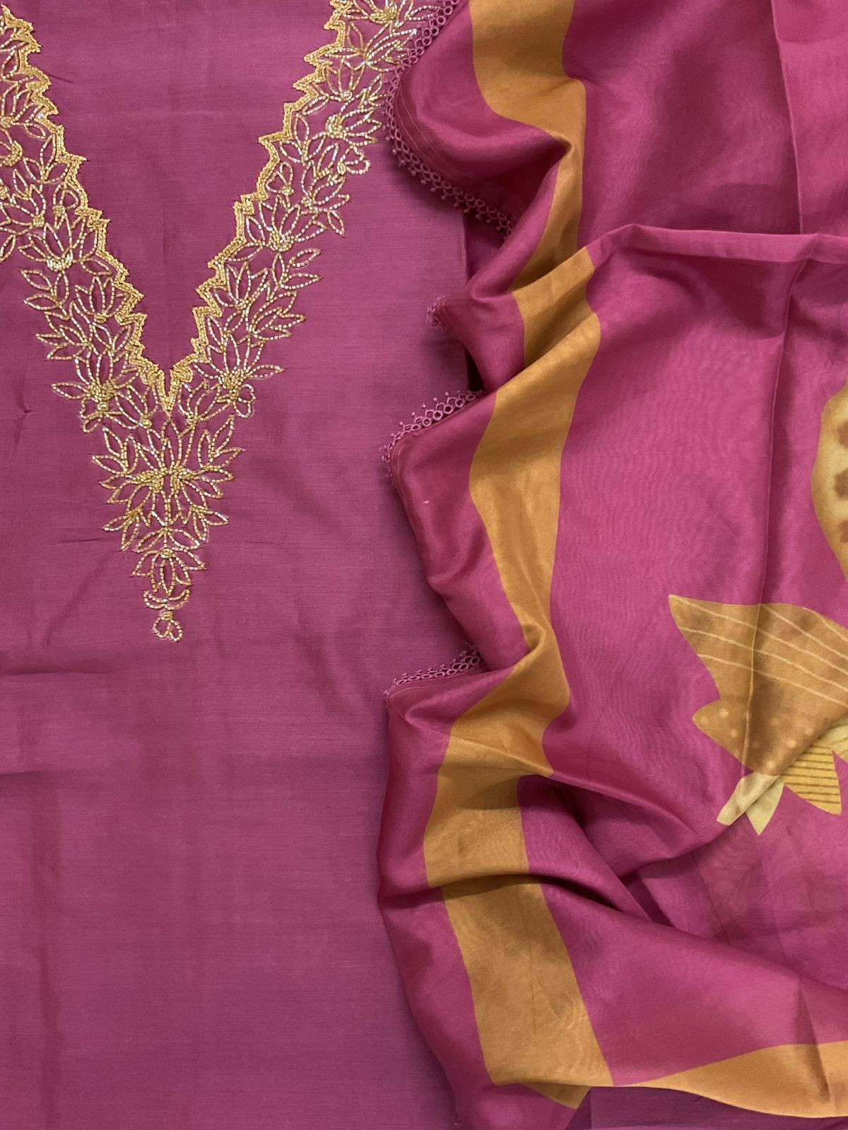 Pure Chanderi Printed Embroidered Suit - Pink