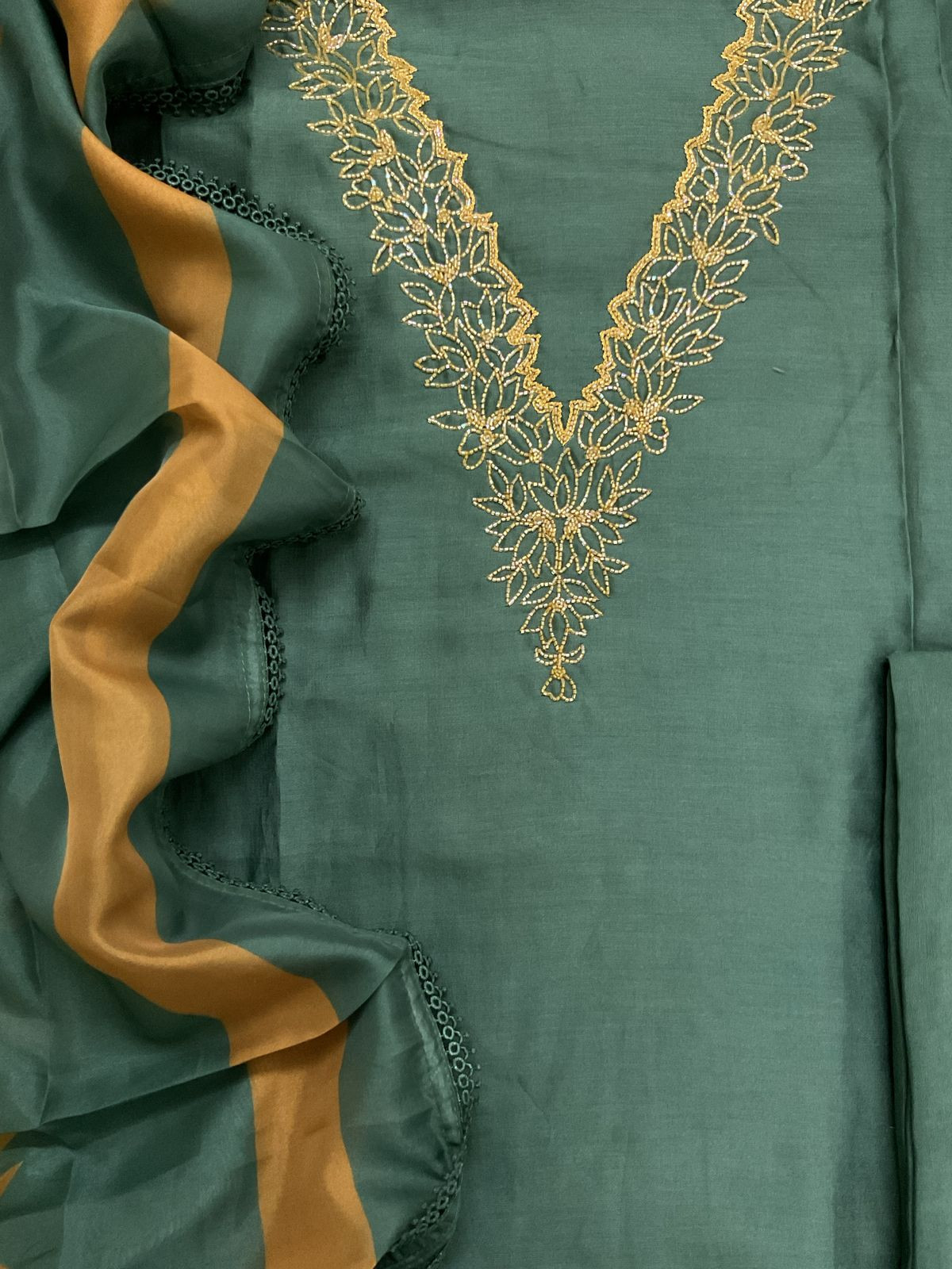 Pure Chanderi Printed Embroidered Suit - Green