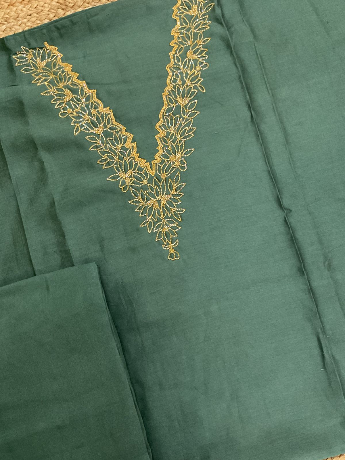 Pure Chanderi Printed Embroidered Suit - Green