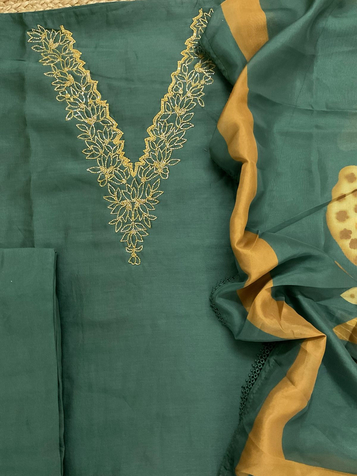 Pure Chanderi Printed Embroidered Suit - Green