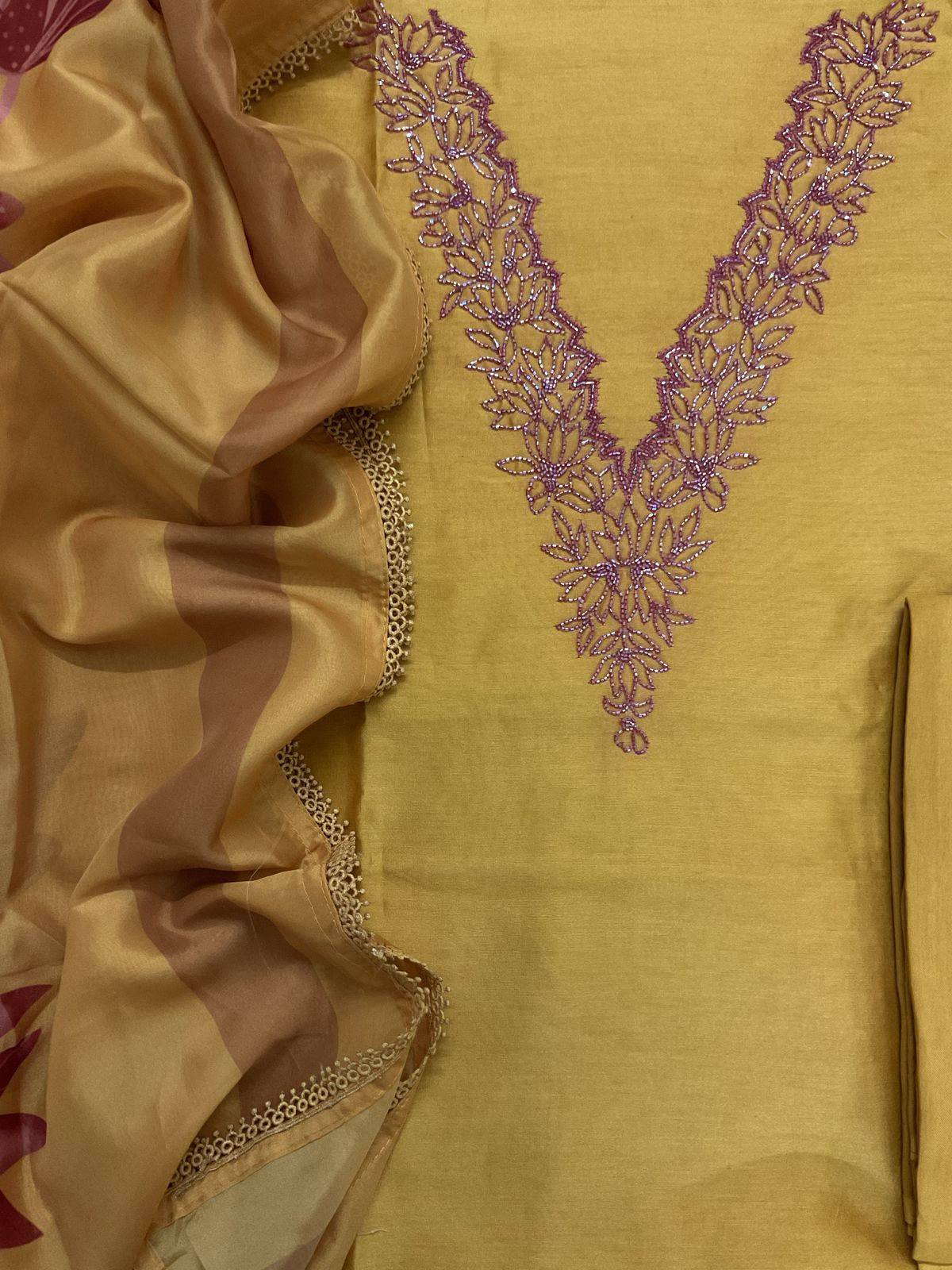 Pure Chanderi Printed Embroidered Suit - Mustard Yellow