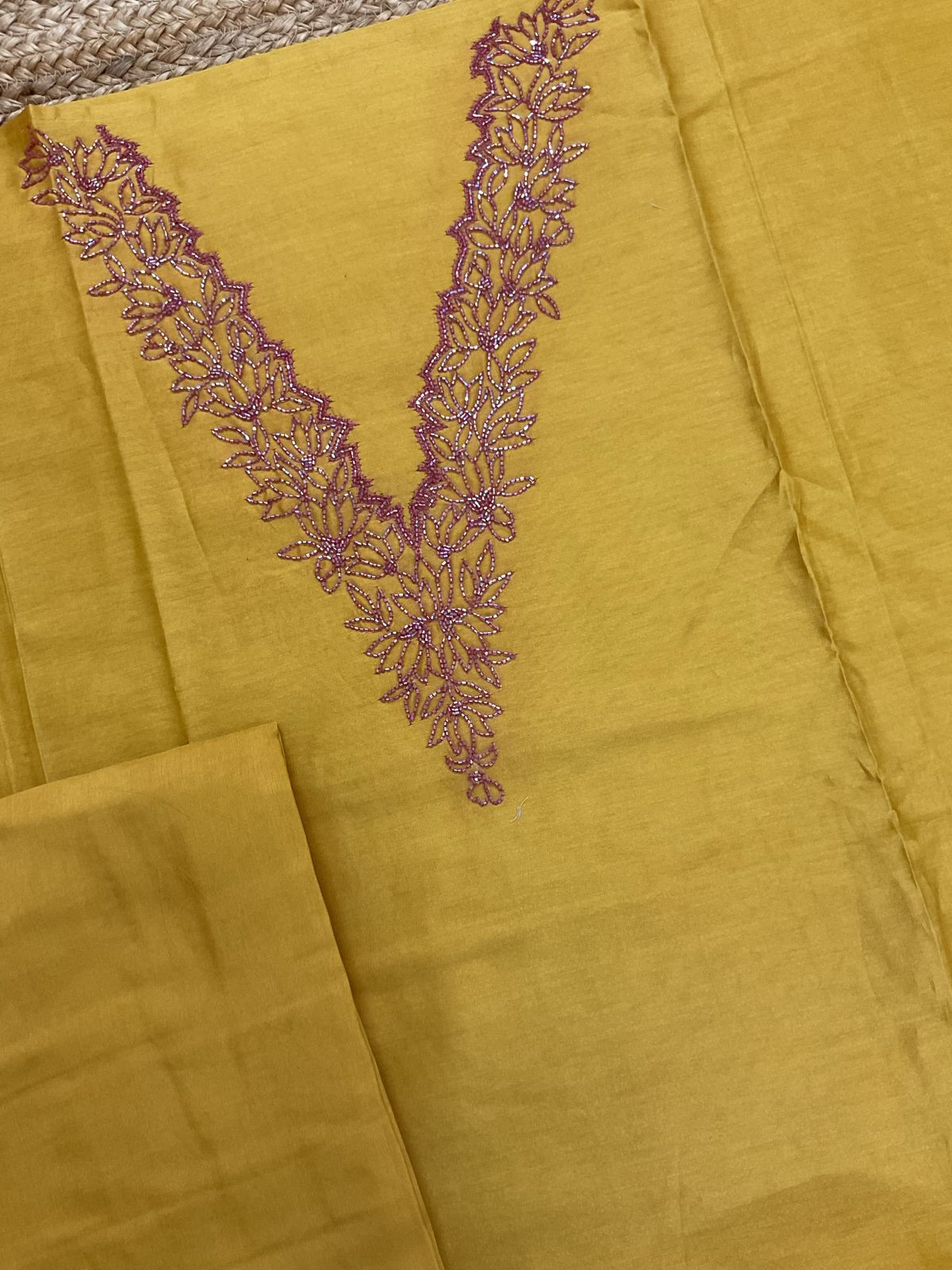 Pure Chanderi Printed Embroidered Suit - Mustard Yellow