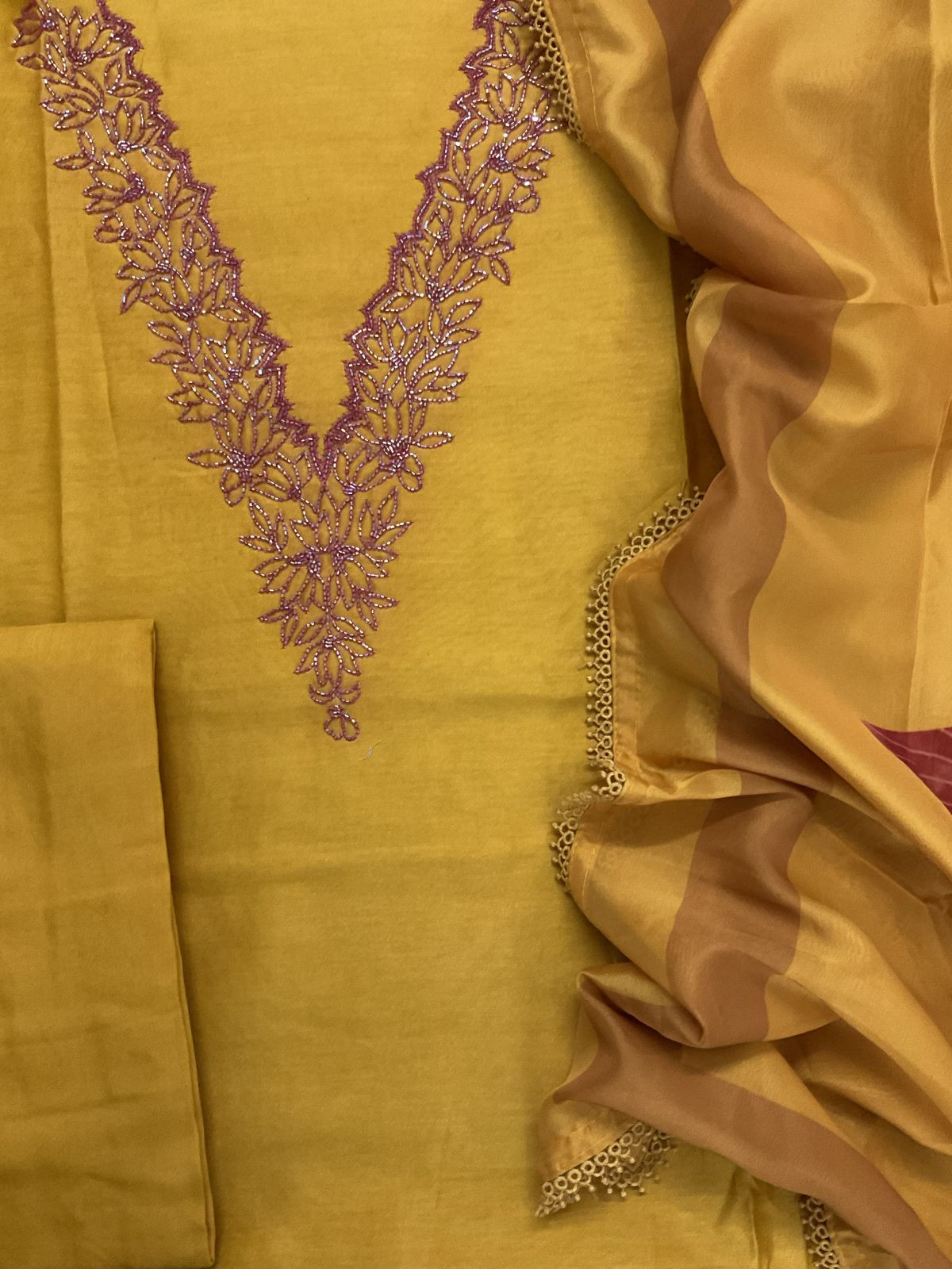 Pure Chanderi Printed Embroidered Suit - Mustard Yellow