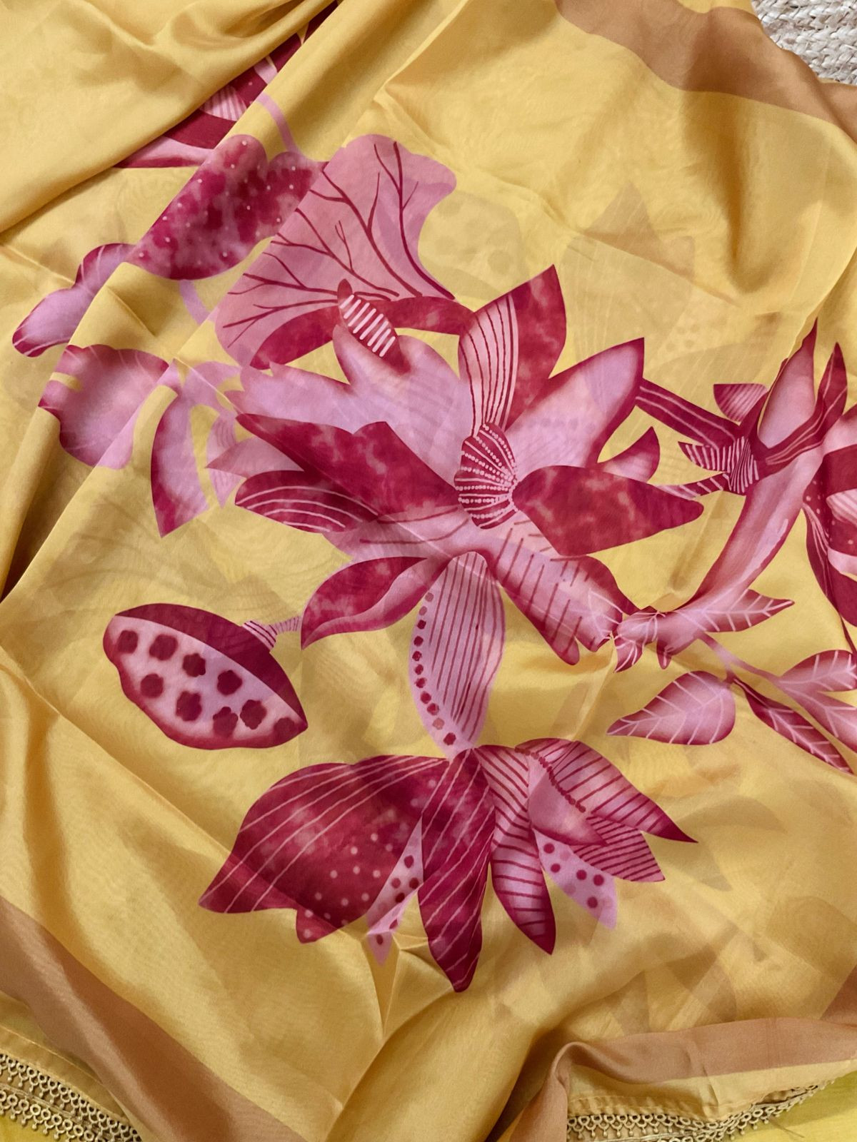 Pure Chanderi Printed Embroidered Suit - Mustard Yellow