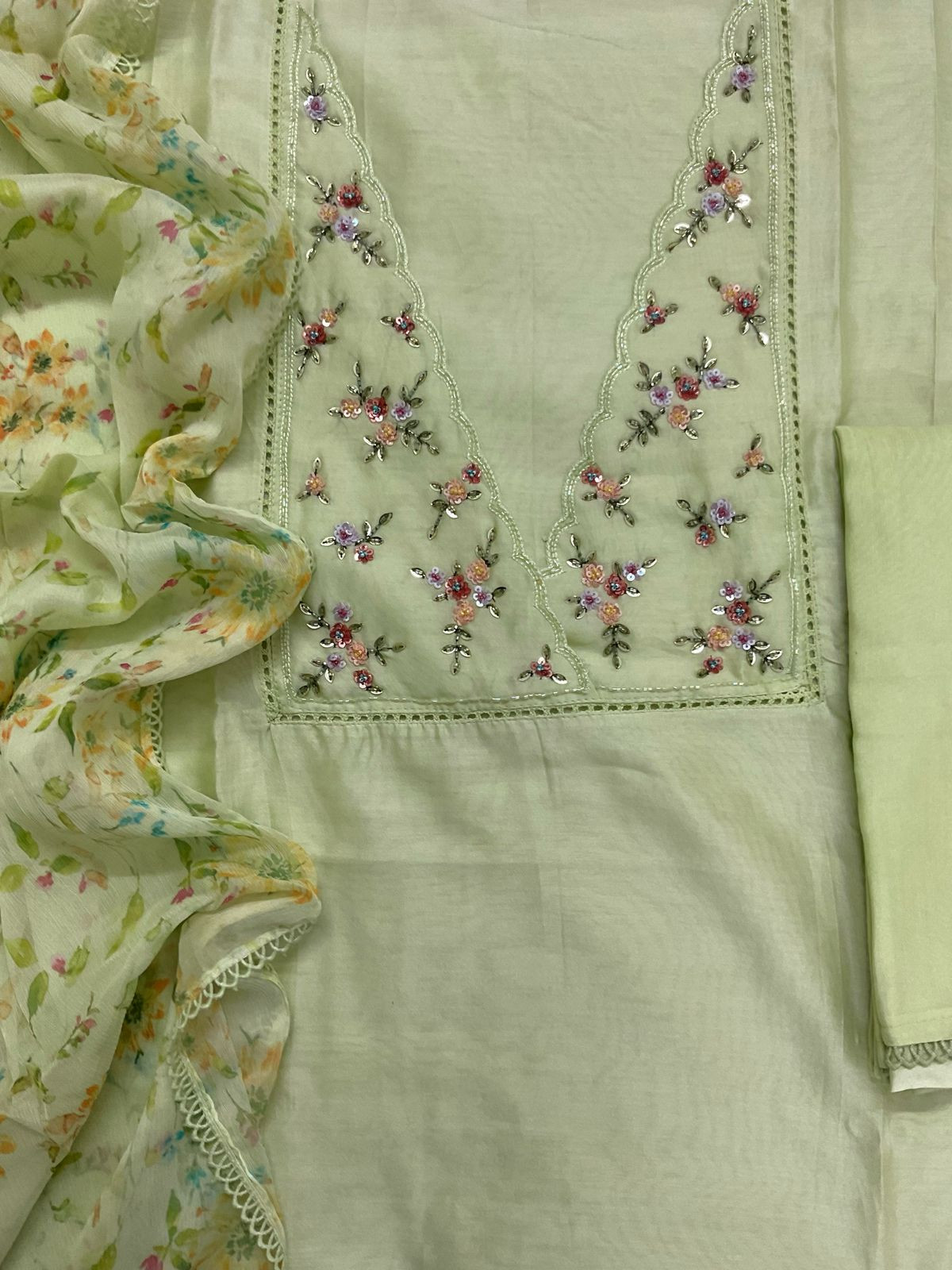 Pure Chanderi Printed Embroidered Suit - Green