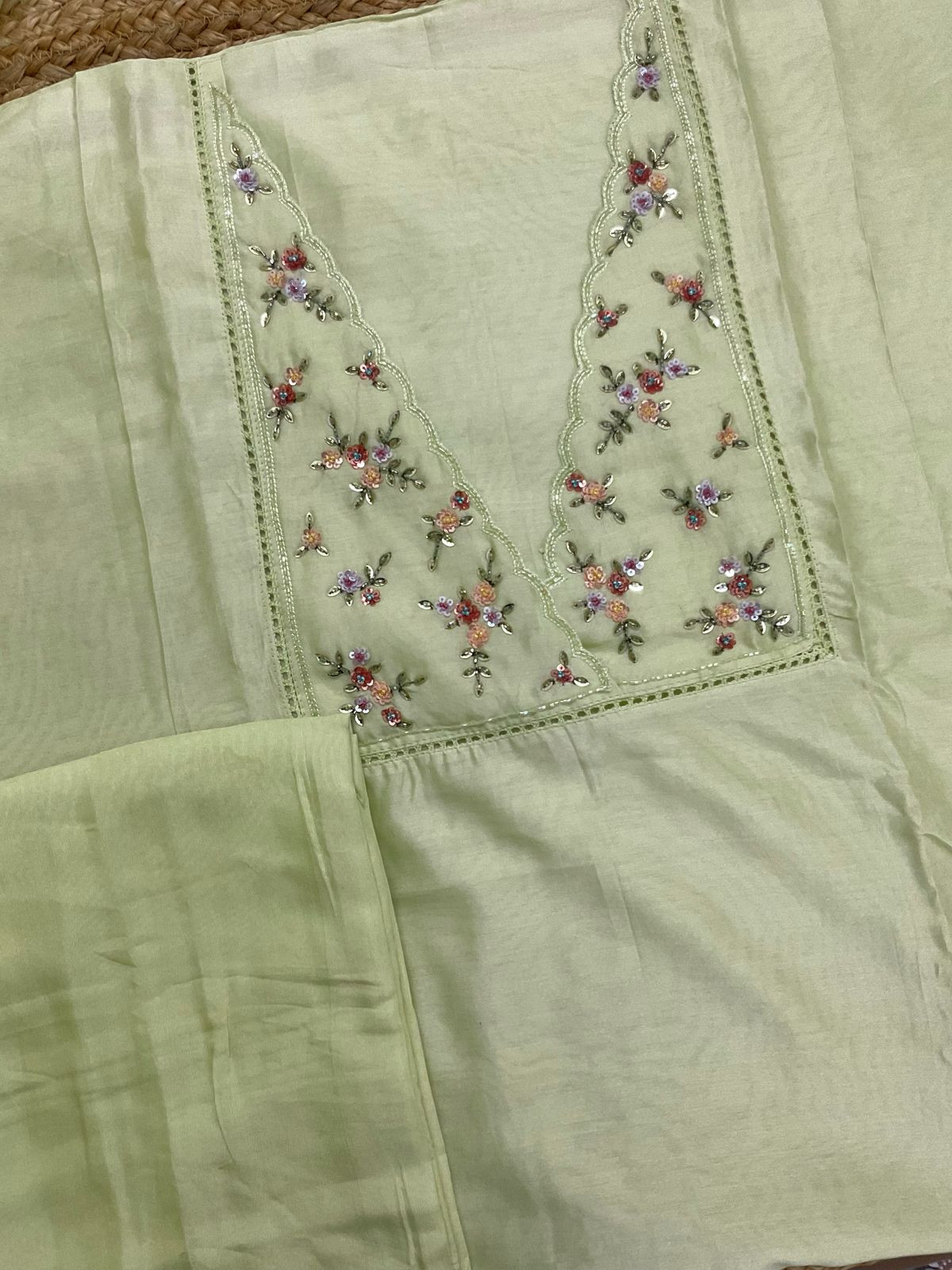 Pure Chanderi Printed Embroidered Suit - Green