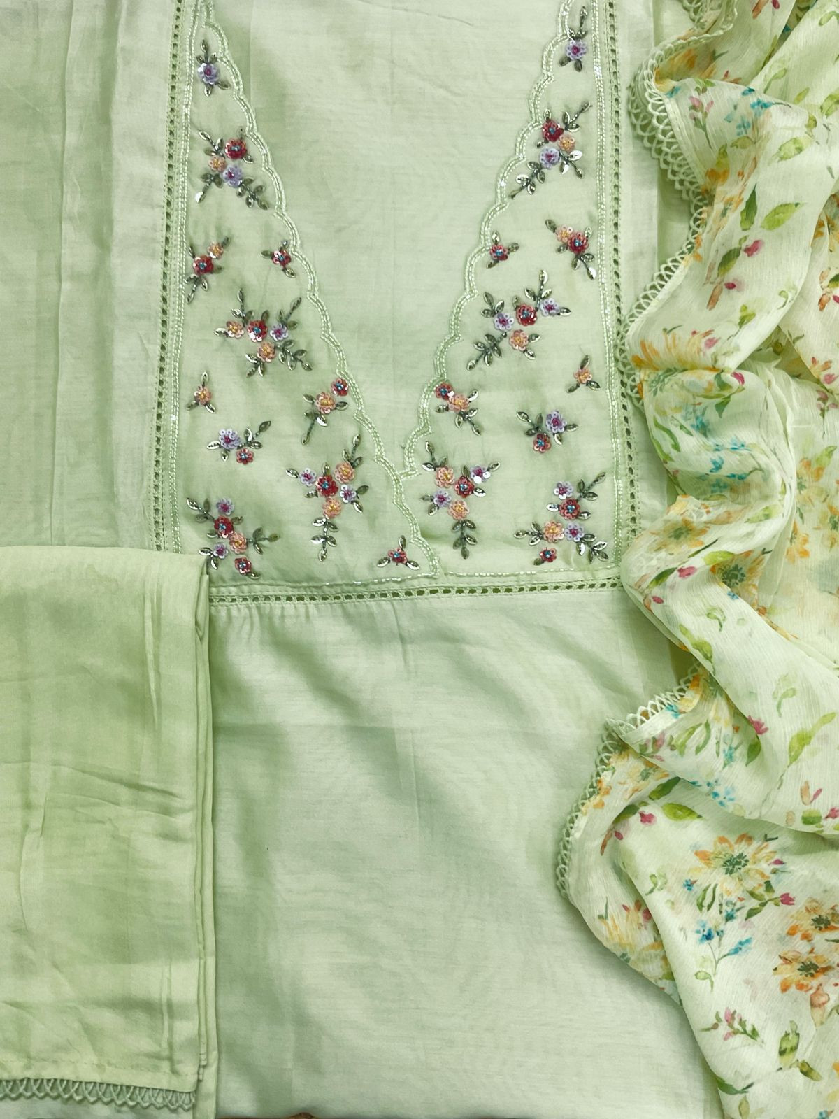 Pure Chanderi Printed Embroidered Suit - Green