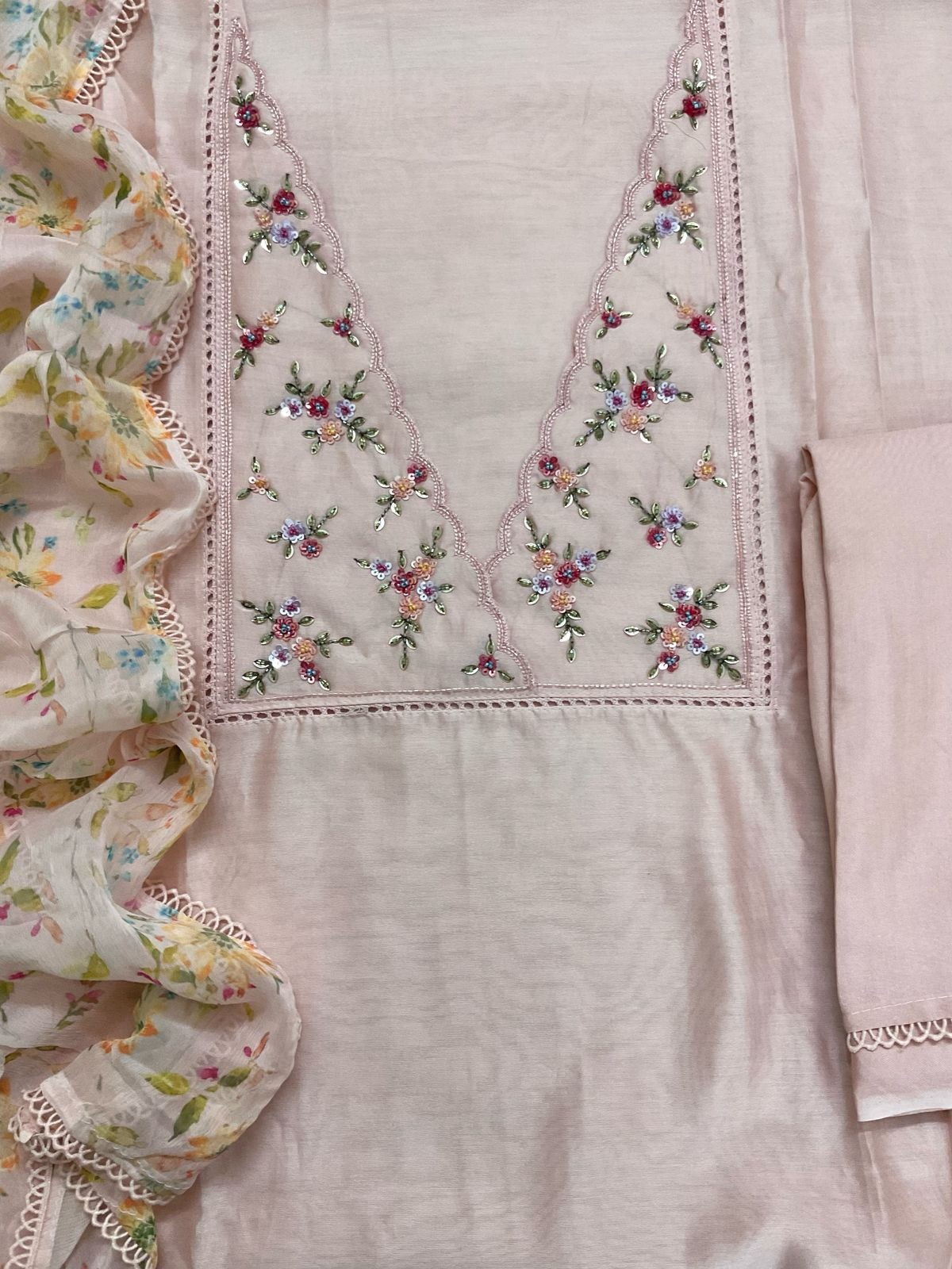 Pure Chanderi Printed Embroidered Suit - Baby Pink