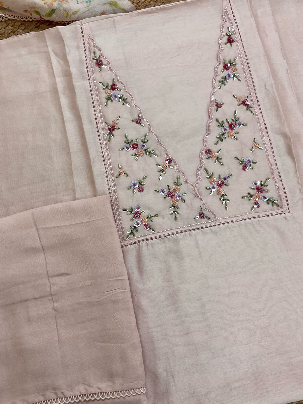 Pure Chanderi Printed Embroidered Suit - Baby Pink