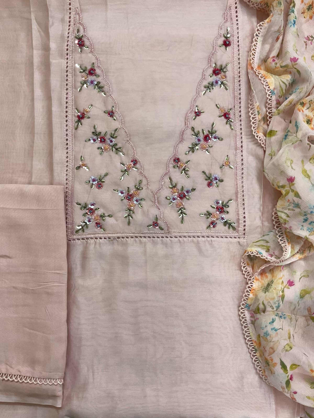Pure Chanderi Printed Embroidered Suit - Baby Pink