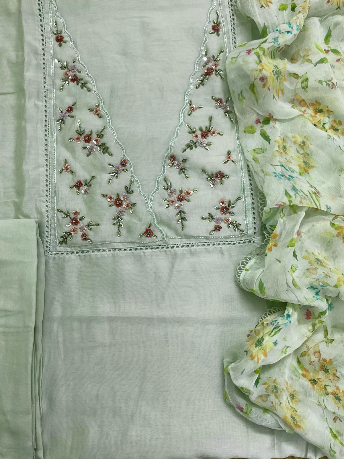 Pure Chanderi Printed Embroidered Suit - Sea Green