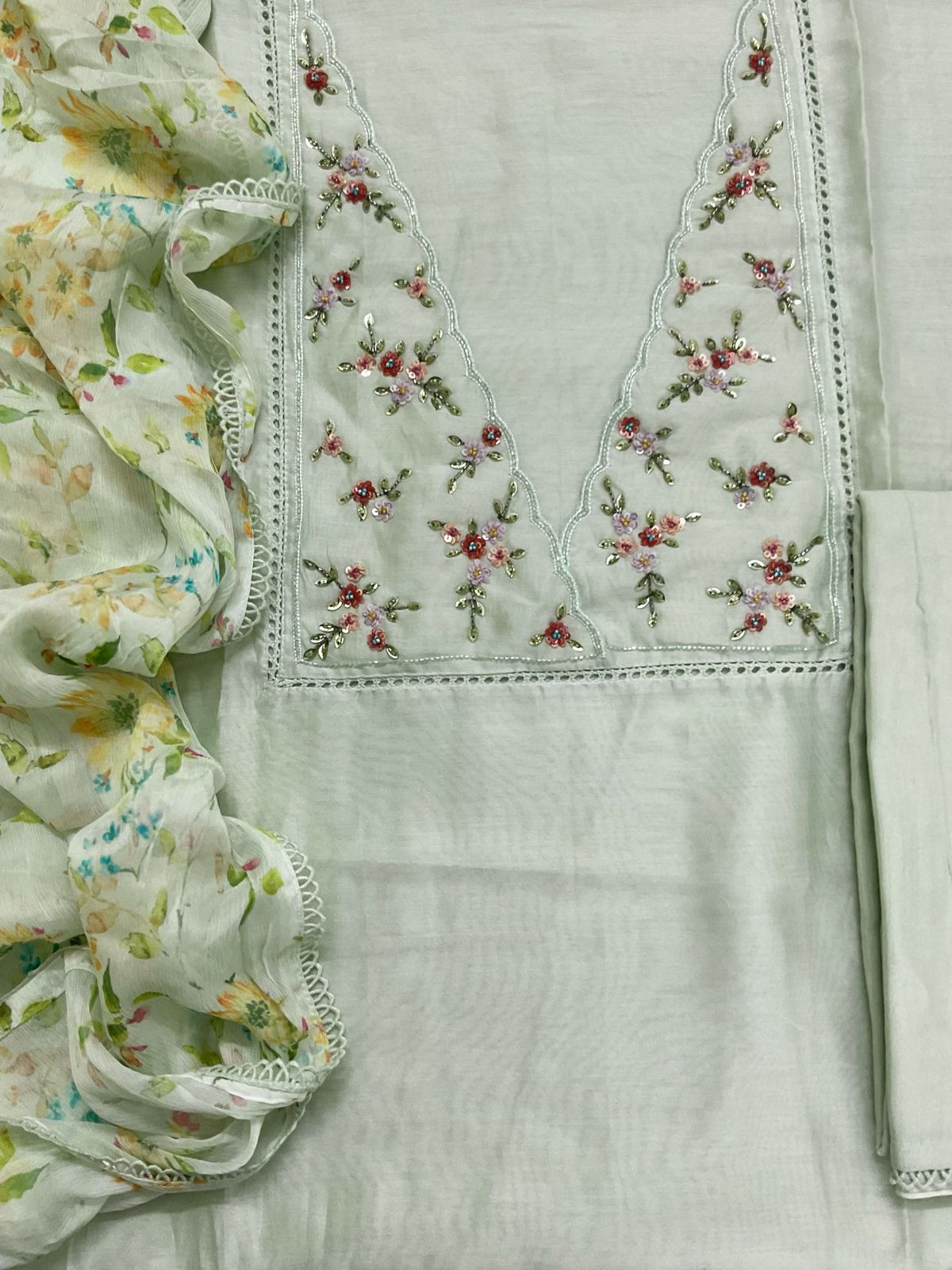 Pure Chanderi Printed Embroidered Suit - Sea Green