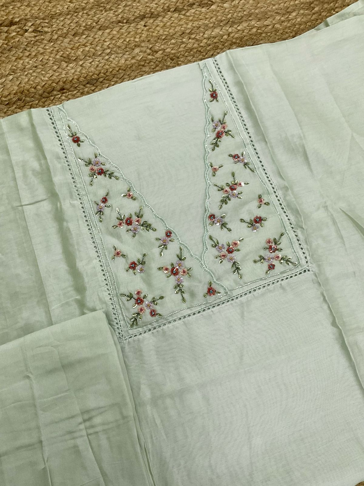 Pure Chanderi Printed Embroidered Suit - Sea Green