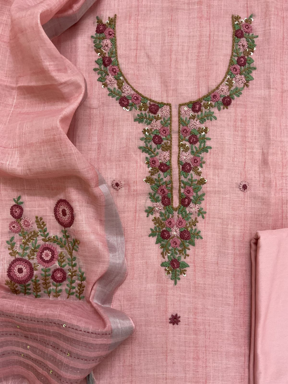 Soft Linen Jute Cotton Embroidered Suit - Pink