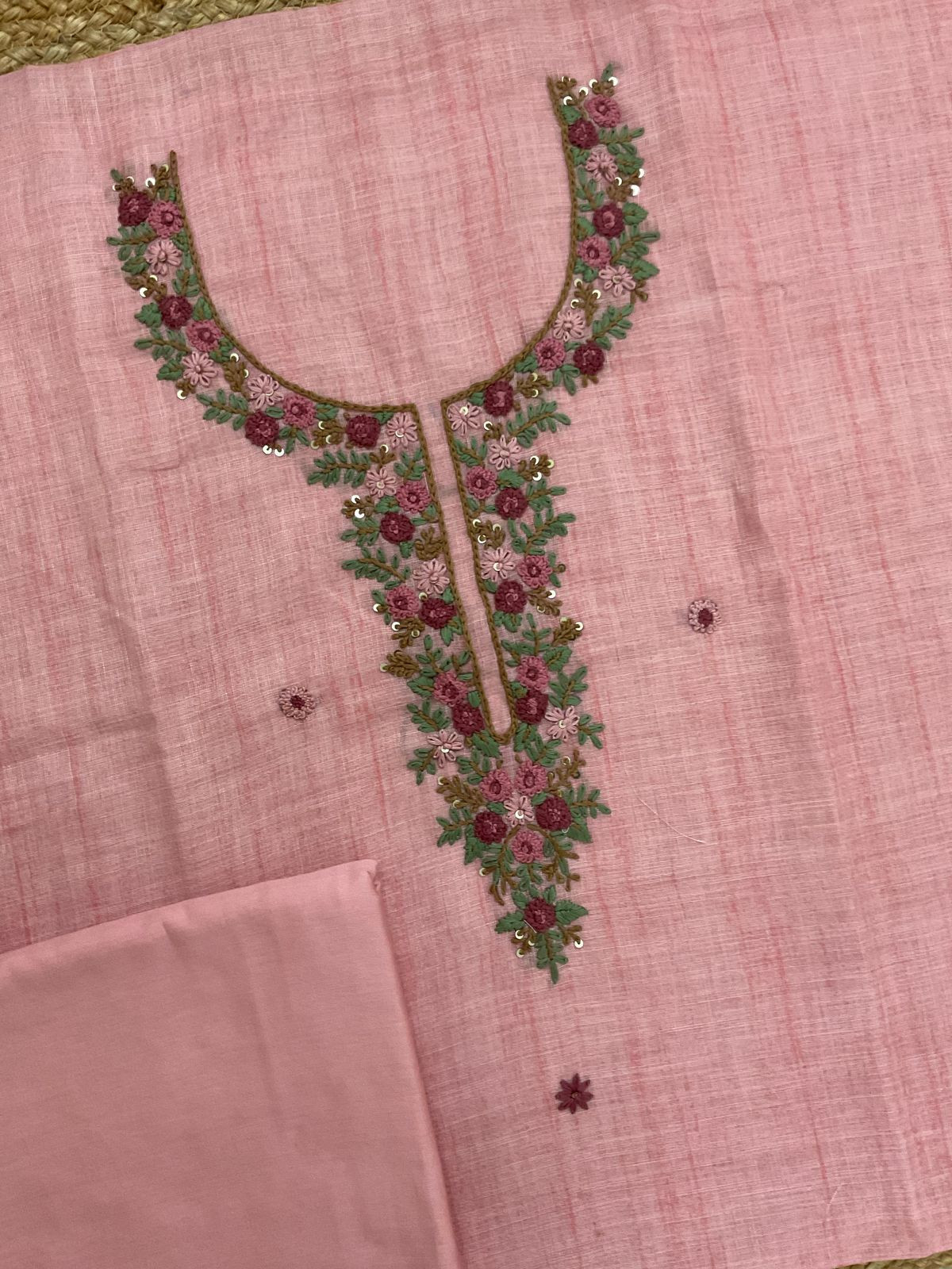 Soft Linen Jute Cotton Embroidered Suit - Pink