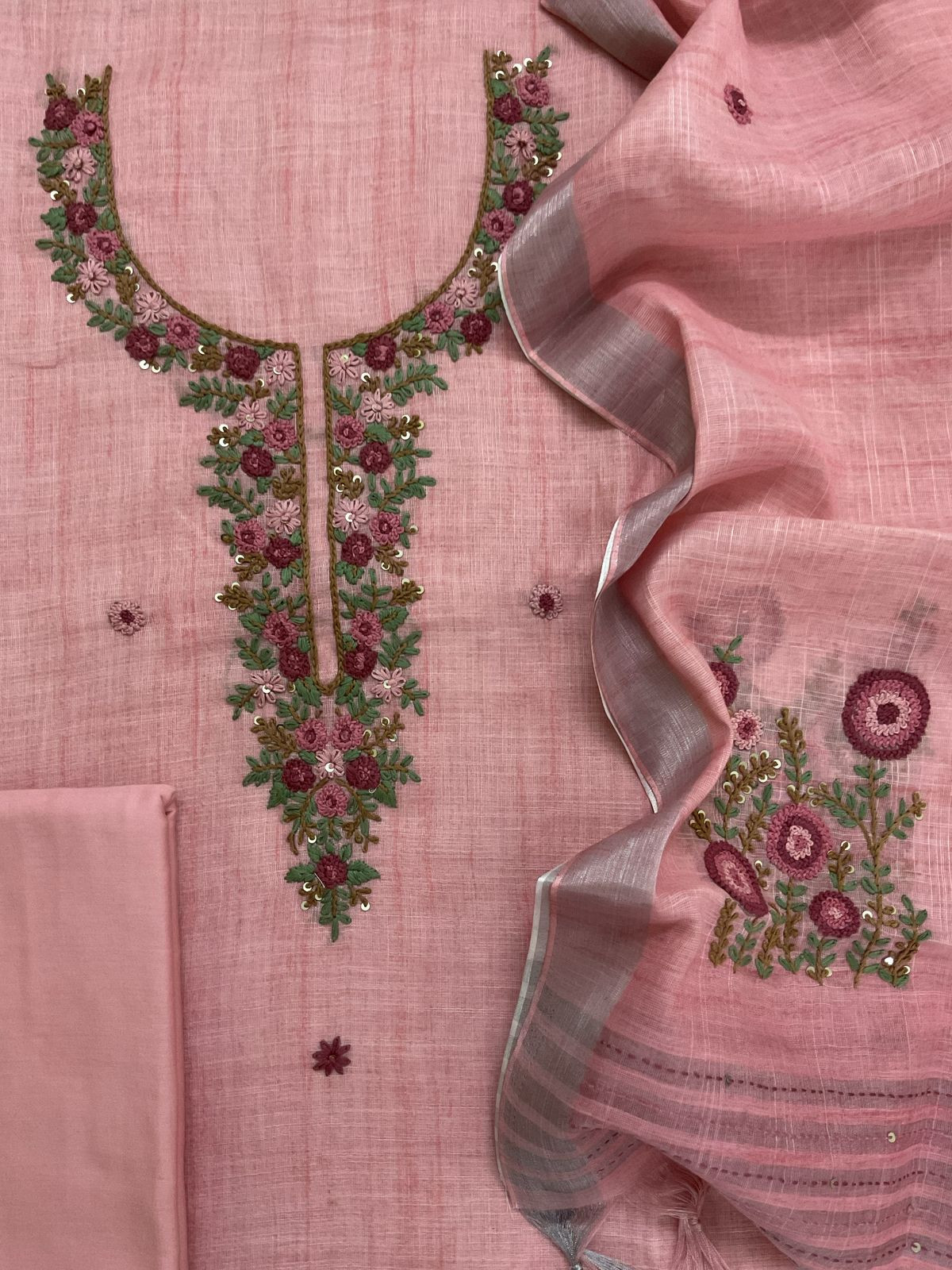 Soft Linen Jute Cotton Embroidered Suit - Pink