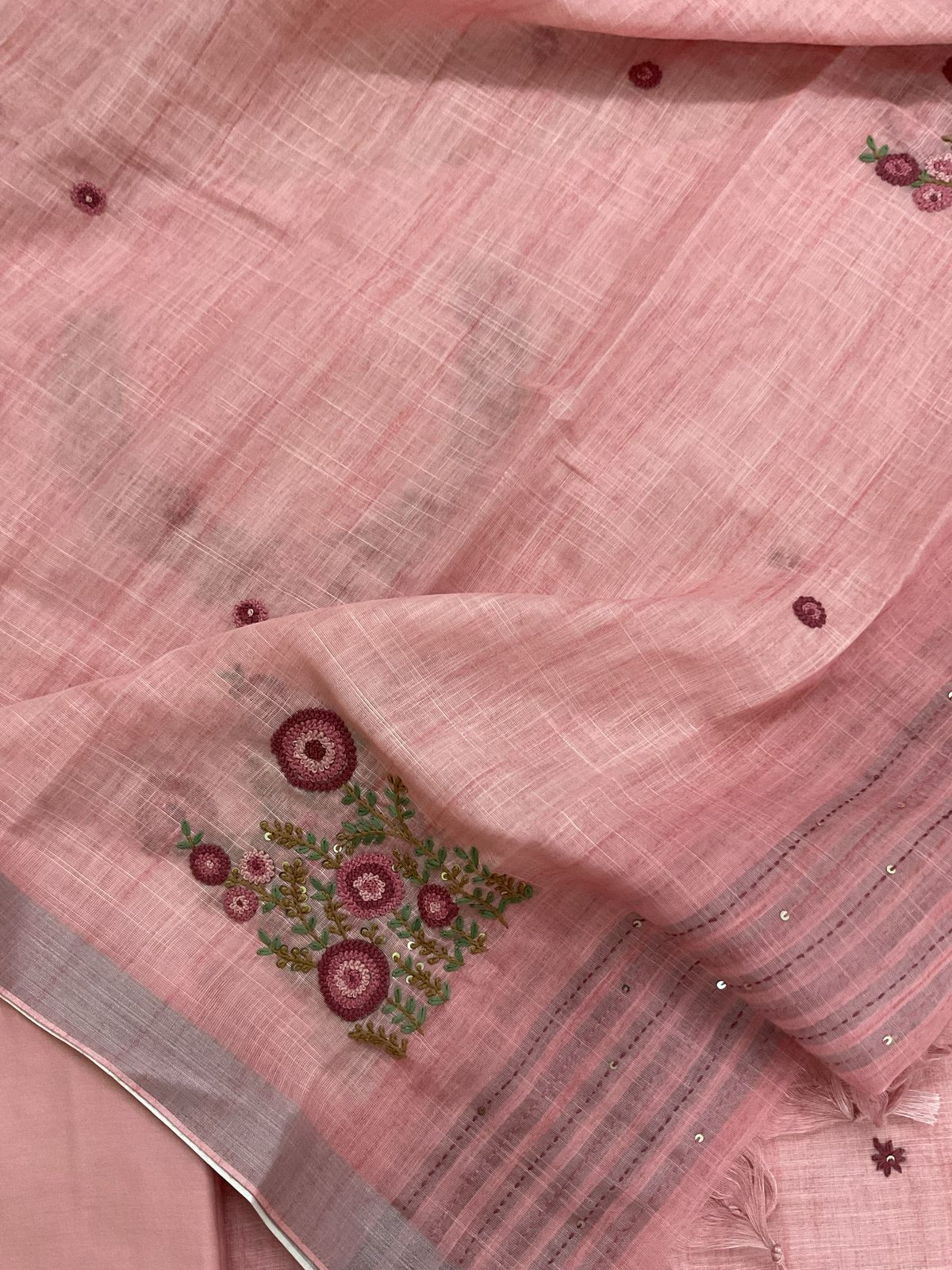 Soft Linen Jute Cotton Embroidered Suit - Pink