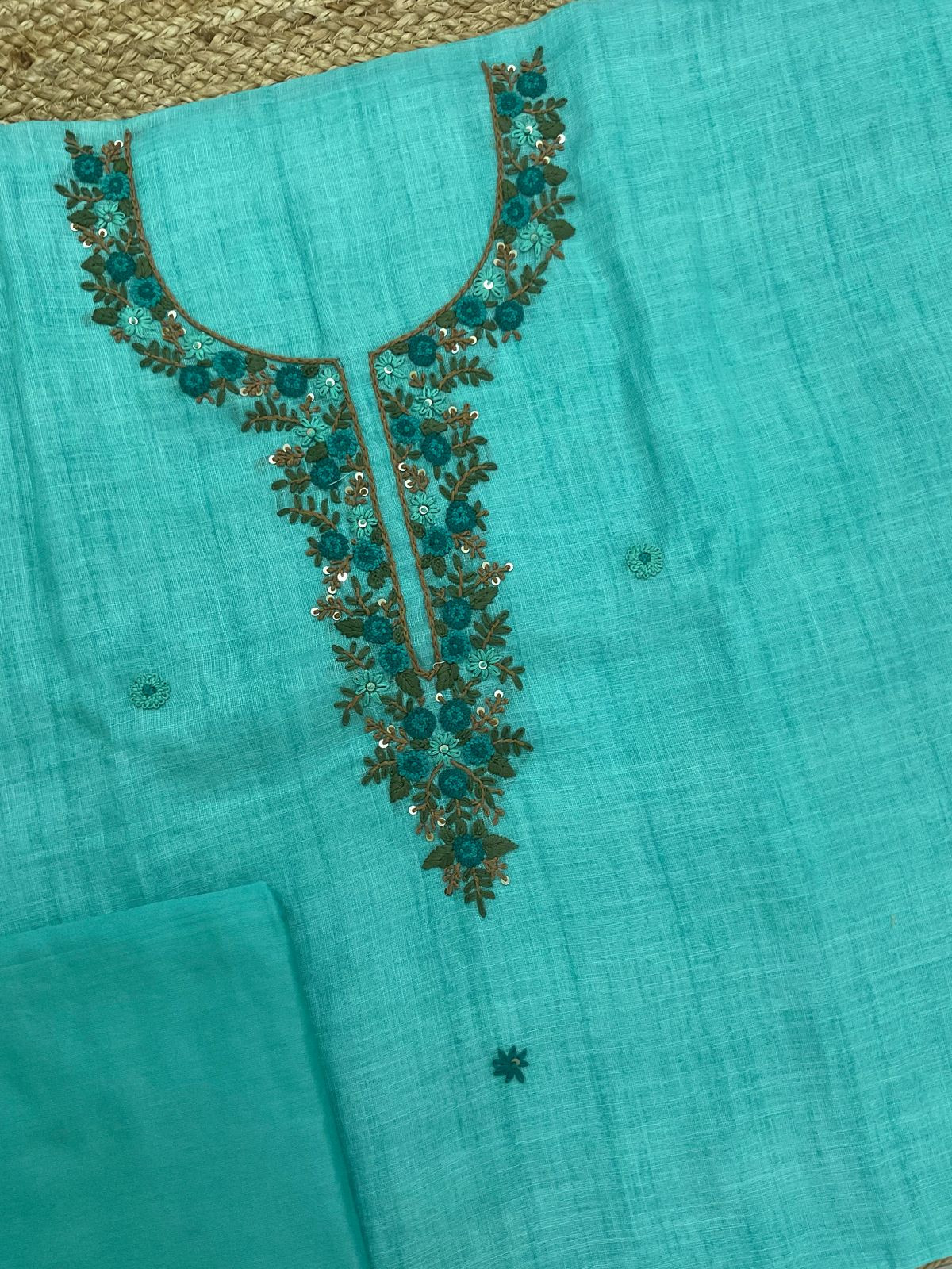 Soft Linen Jute Cotton Embroidered Suit - Blue