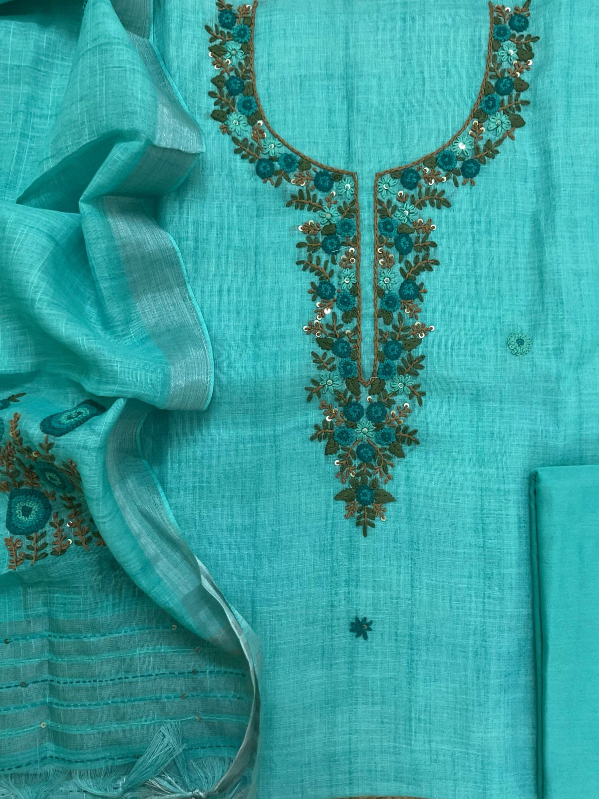 Soft Linen Jute Cotton Embroidered Suit - Blue