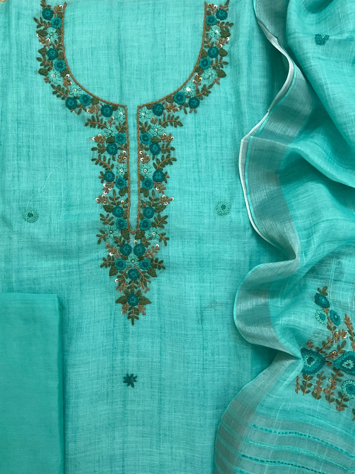 Soft Linen Jute Cotton Embroidered Suit - Blue