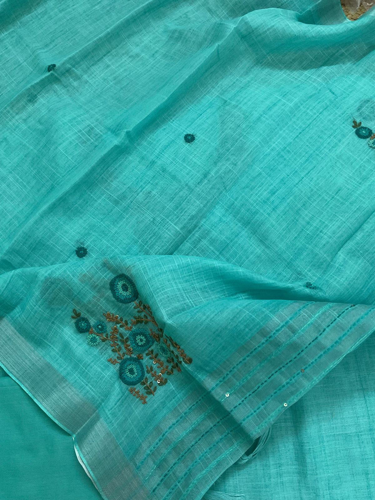 Soft Linen Jute Cotton Embroidered Suit - Blue