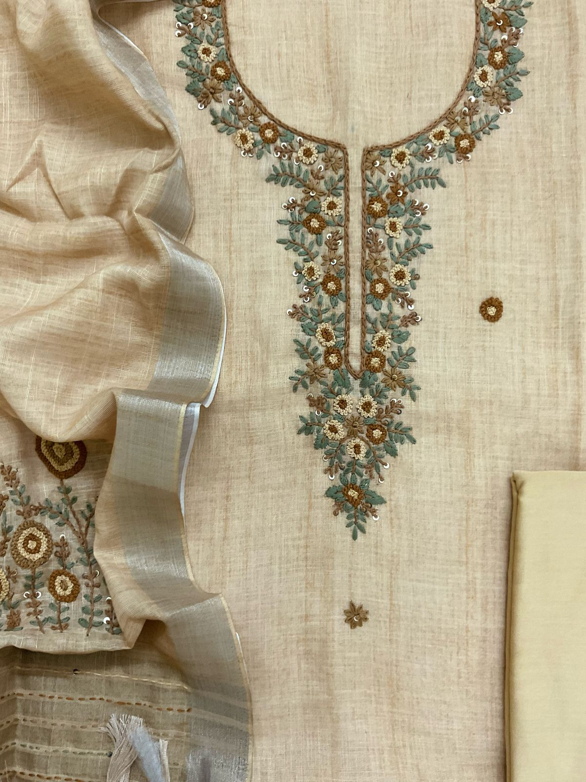 Soft Linen Jute Cotton Embroidered Suit - Mustard Yellow