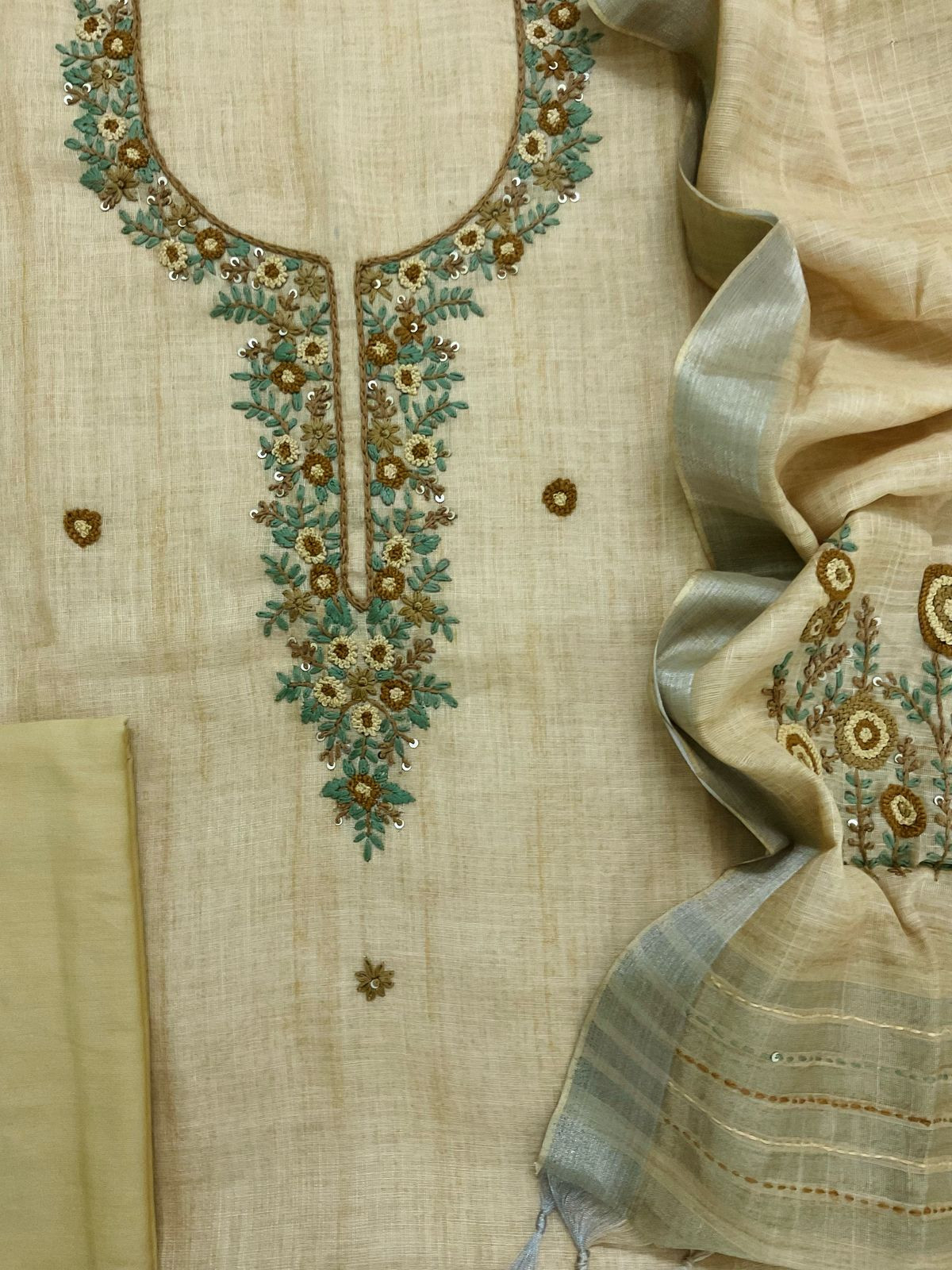 Soft Linen Jute Cotton Embroidered Suit - Mustard Yellow