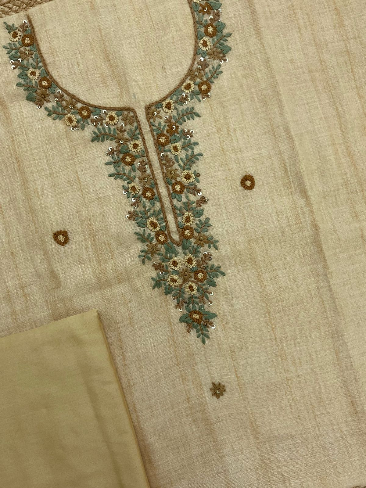 Soft Linen Jute Cotton Embroidered Suit - Mustard Yellow