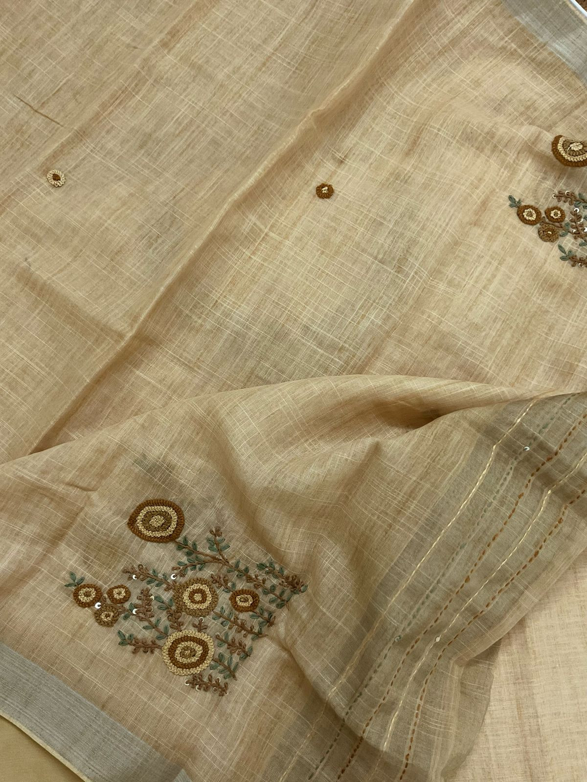 Soft Linen Jute Cotton Embroidered Suit - Mustard Yellow