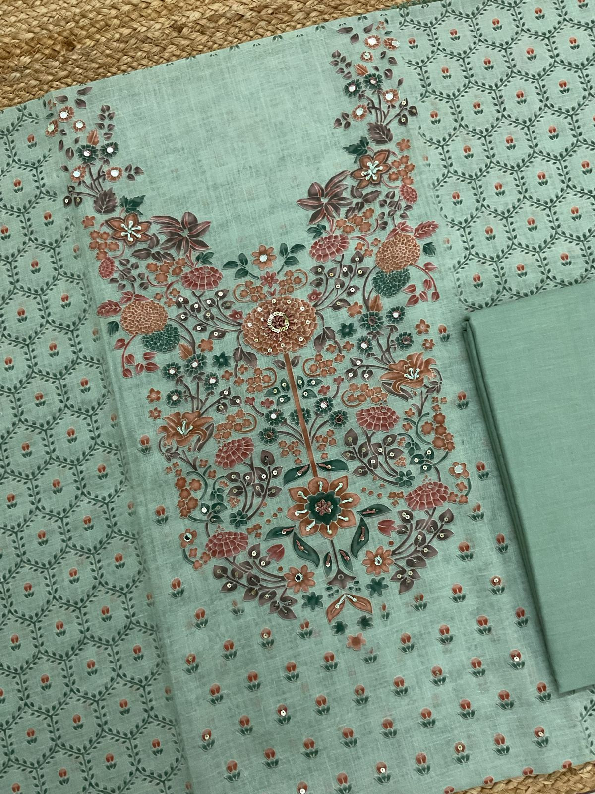 Soft Linen Jute Cotton Printed Embroidered Suit - Green