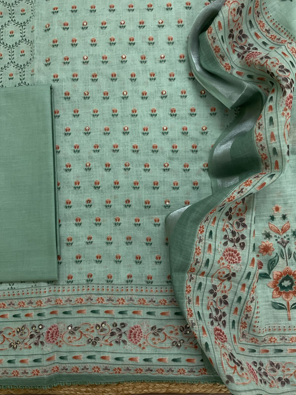 Soft Linen Jute Cotton Printed Embroidered Suit - Green