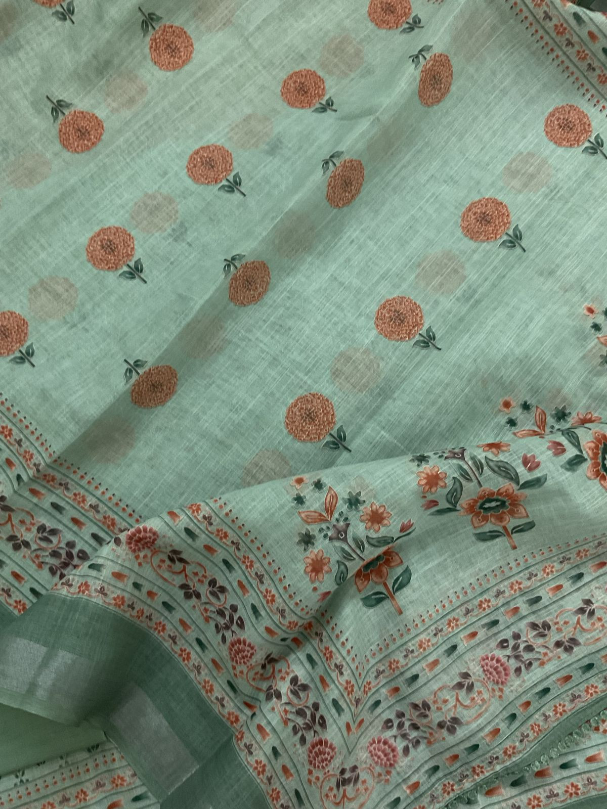 Soft Linen Jute Cotton Printed Embroidered Suit - Green