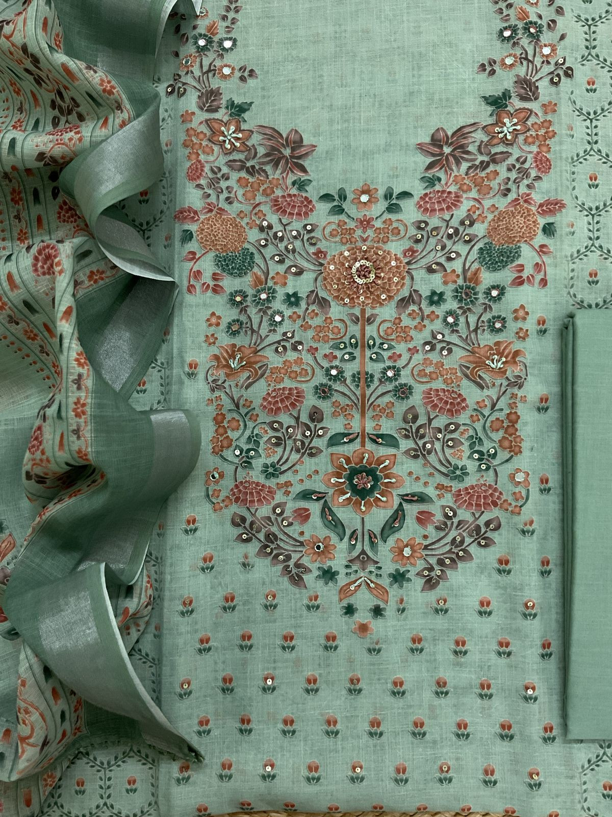 Soft Linen Jute Cotton Printed Embroidered Suit - Green