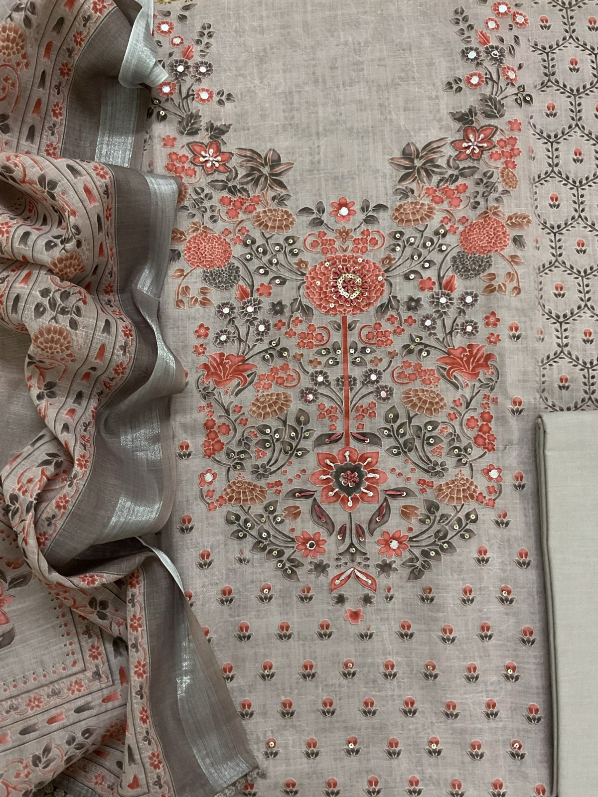 Soft Linen Jute Cotton Printed Embroidered Suit - Beigish Grey