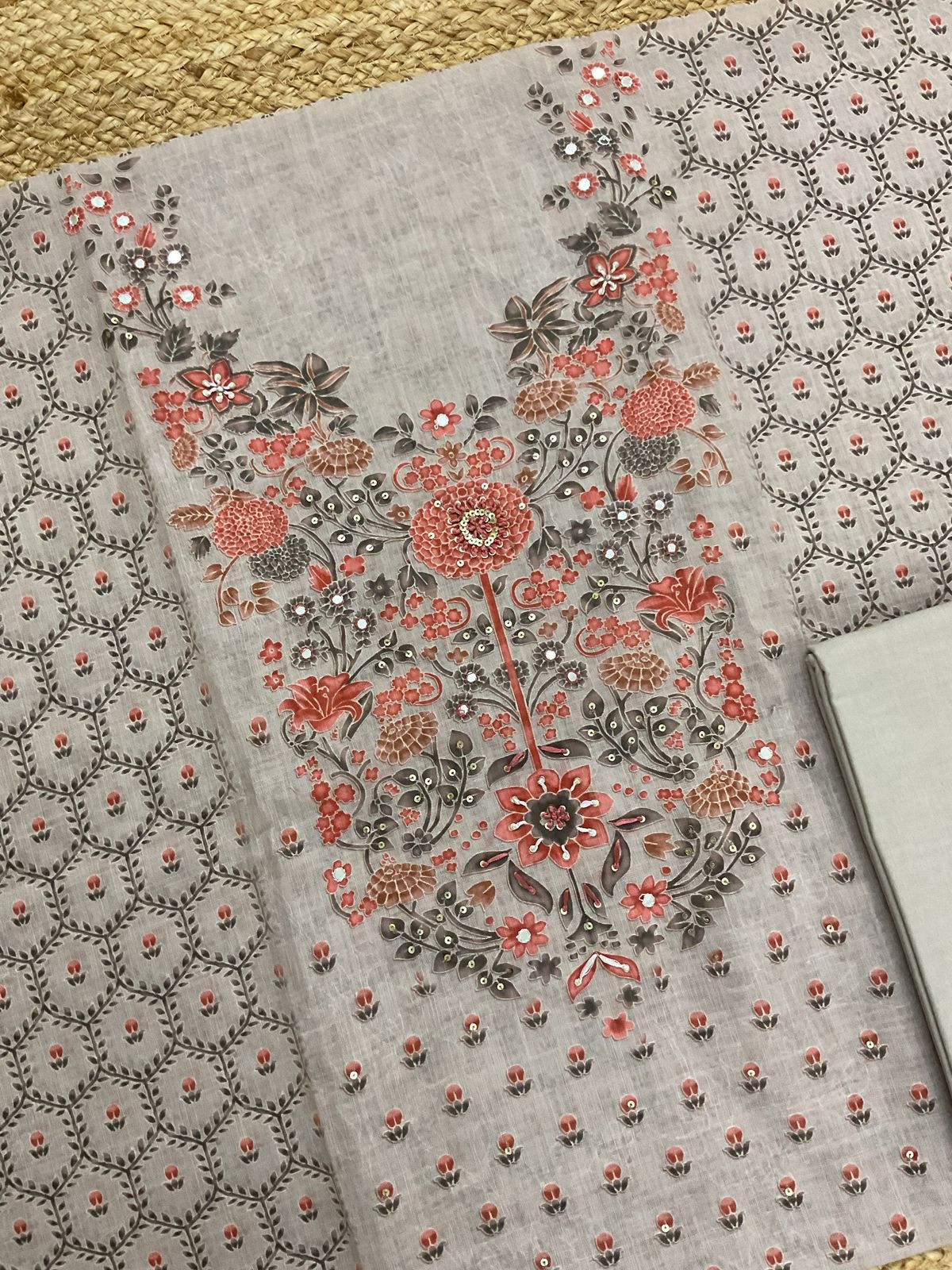 Soft Linen Jute Cotton Printed Embroidered Suit - Beigish Grey