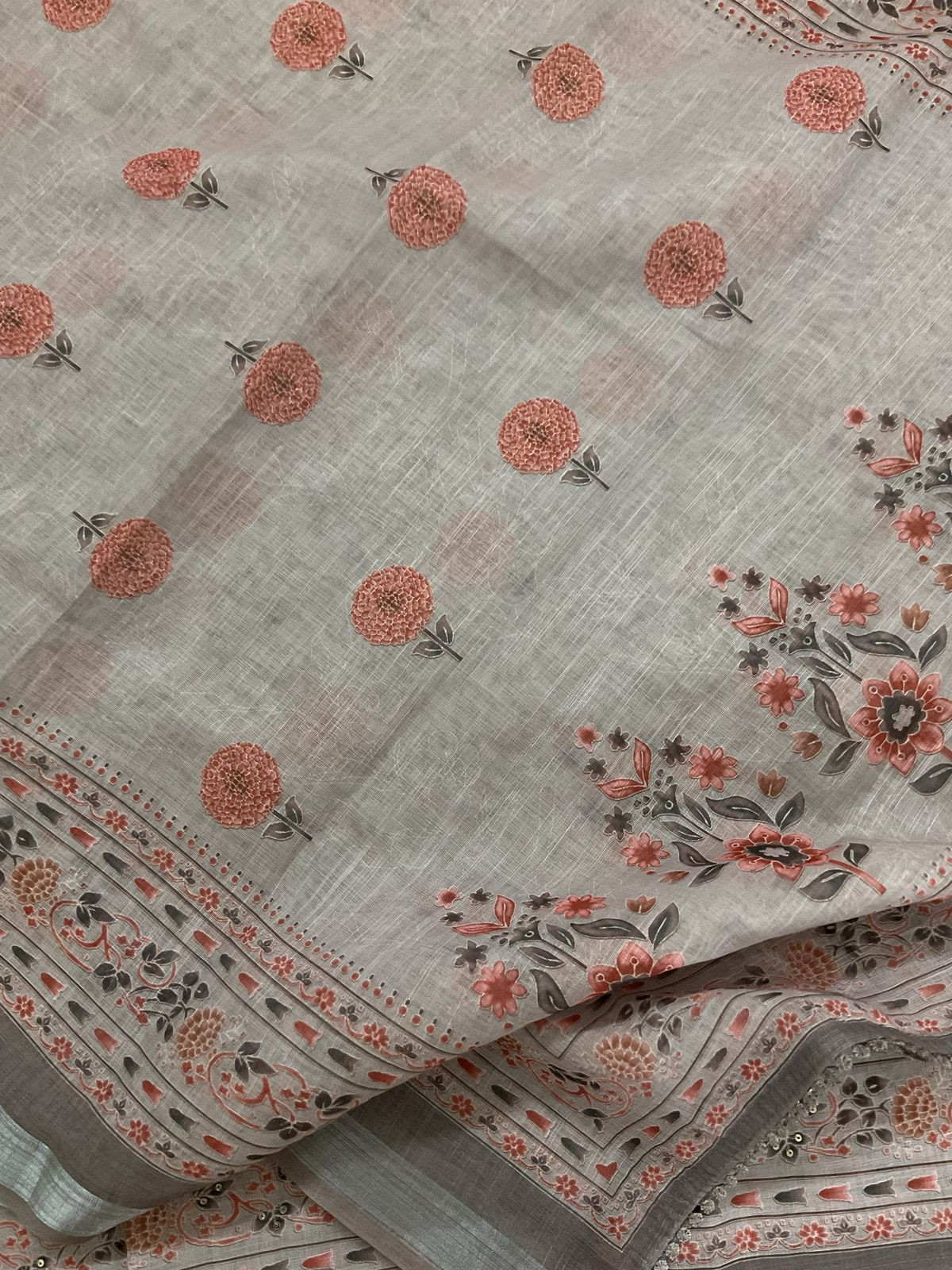 Soft Linen Jute Cotton Printed Embroidered Suit - Beigish Grey