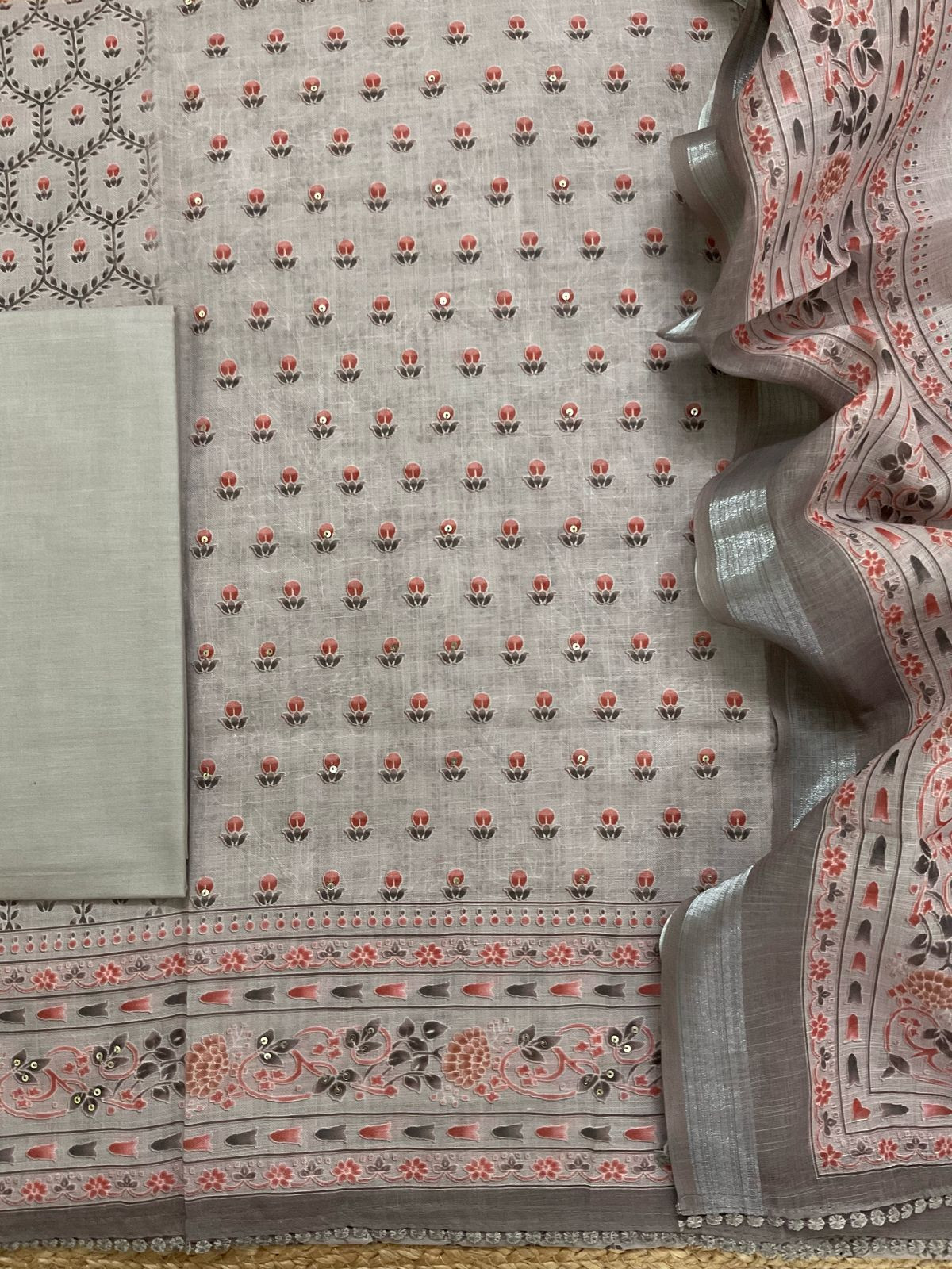 Soft Linen Jute Cotton Printed Embroidered Suit - Beigish Grey