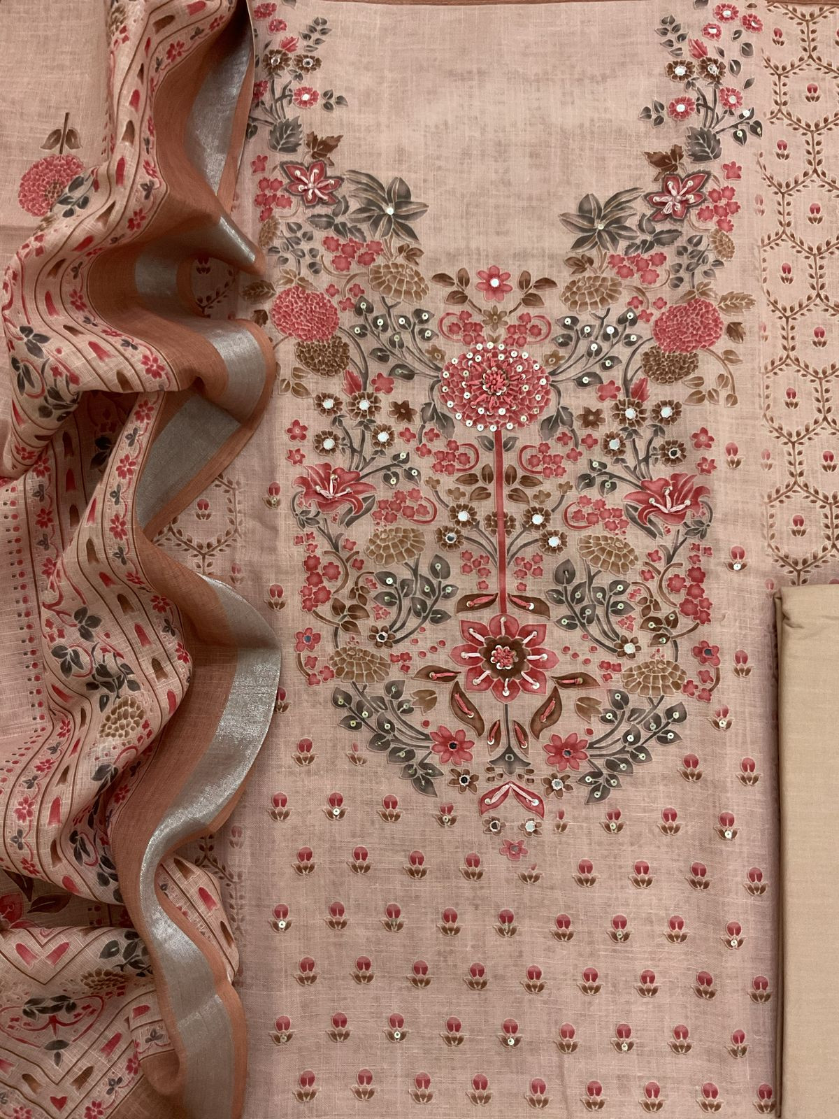 Soft Linen Jute Cotton Printed Embroidered Suit - Peach