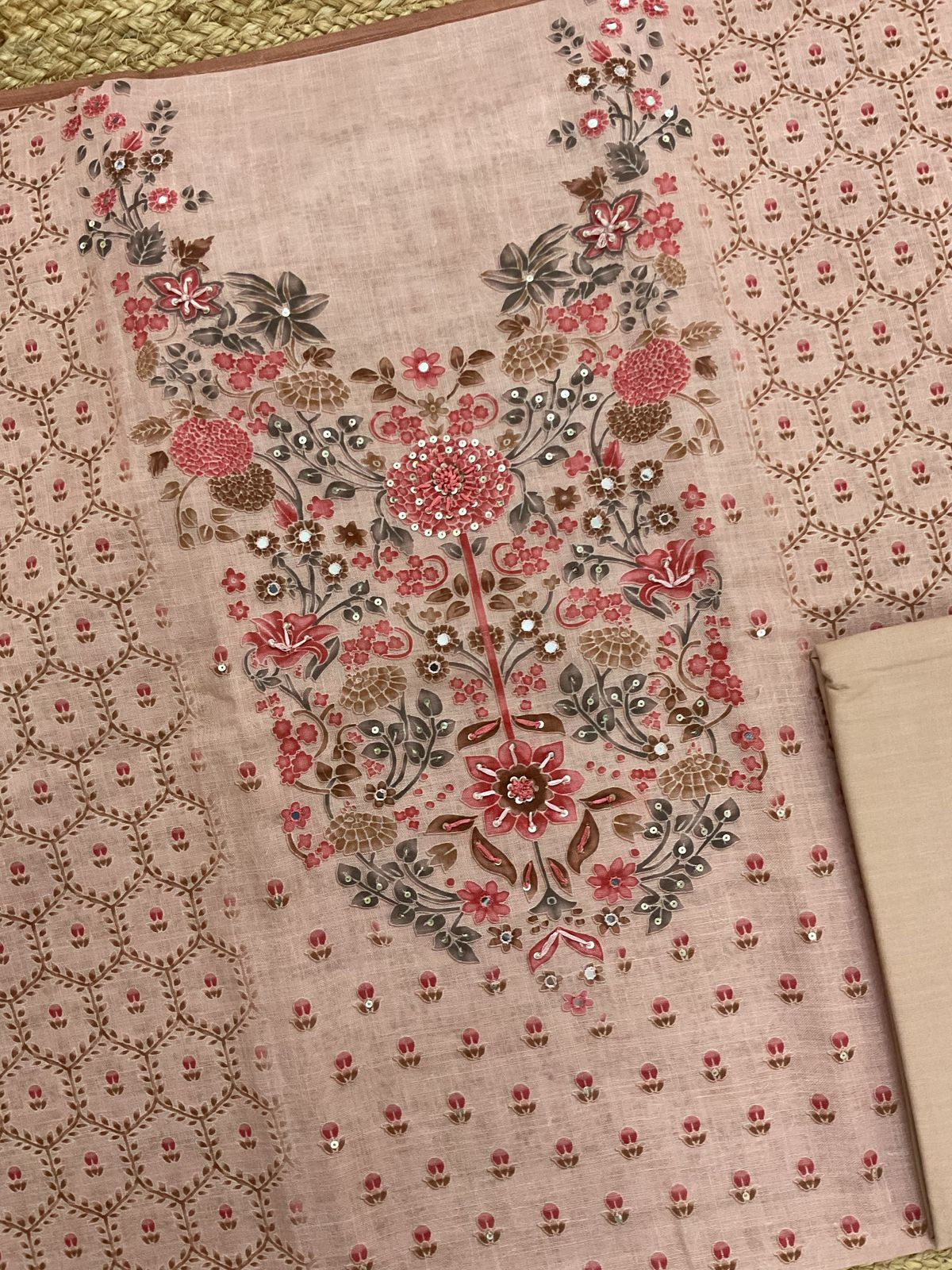 Soft Linen Jute Cotton Printed Embroidered Suit - Peach