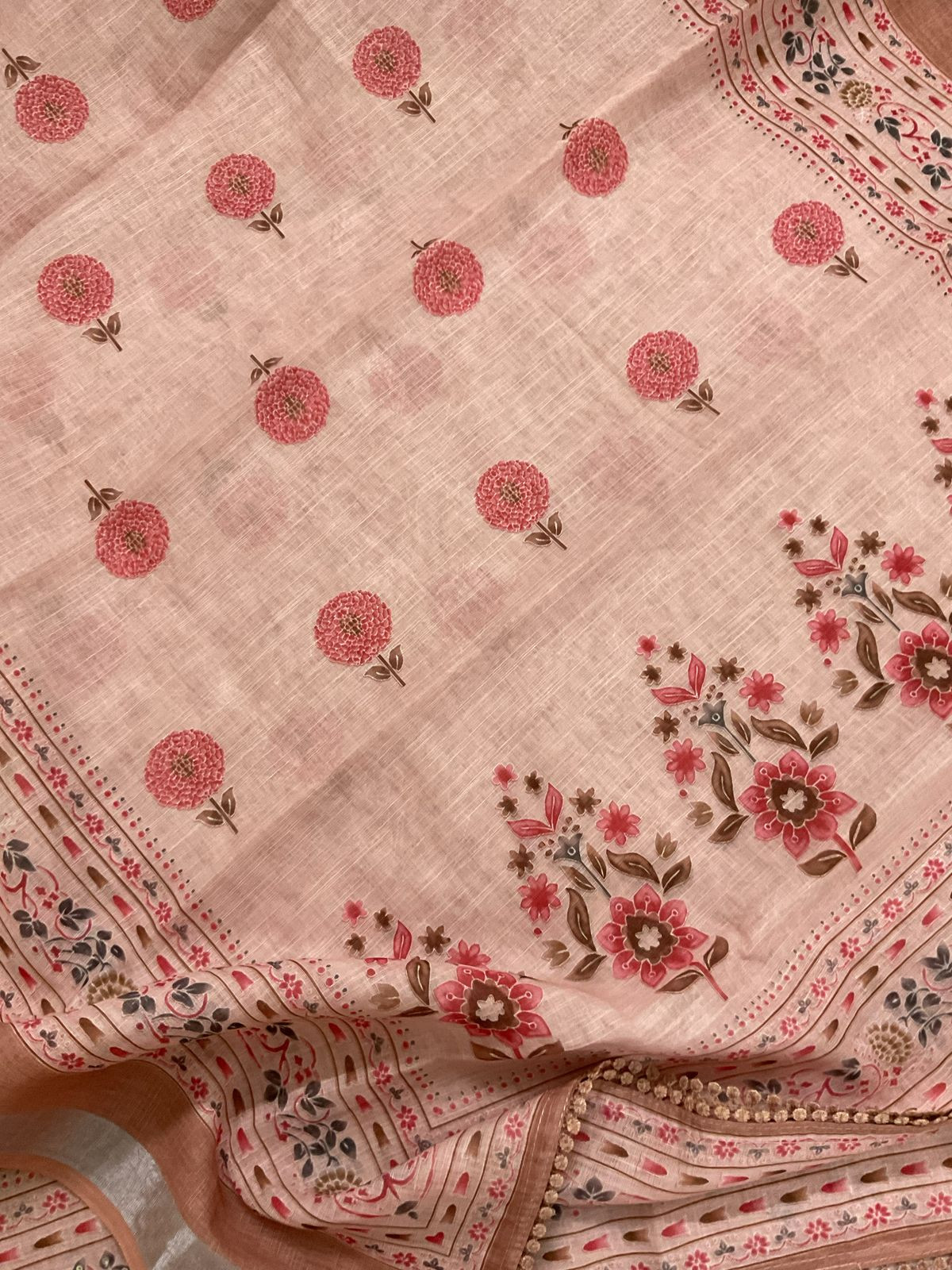 Soft Linen Jute Cotton Printed Embroidered Suit - Peach