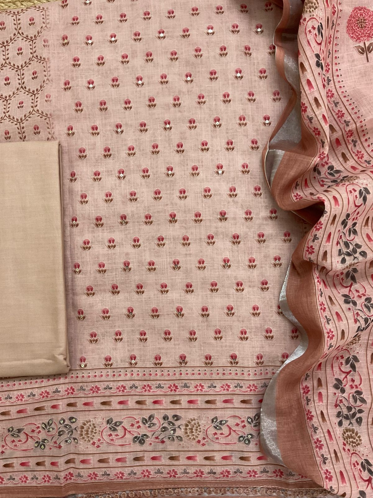 Soft Linen Jute Cotton Printed Embroidered Suit - Peach
