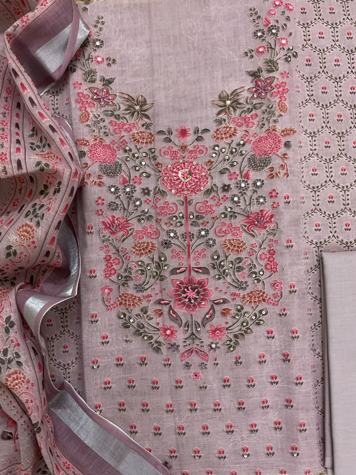 Soft Linen Jute Cotton Printed Embroidered Suit - Mauve